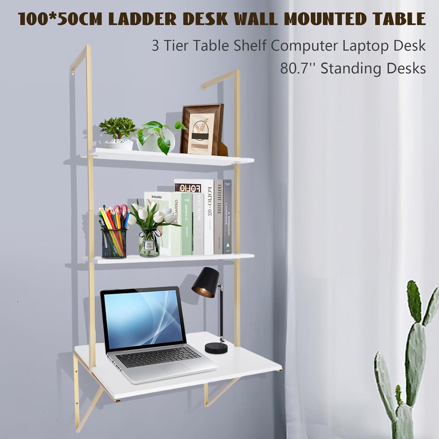 Wall Mount Desk 3-Tier Ladder Computer Desk with Storage Bookshelf Wall Table Industrial Bookcase Desk Industrial Floating Shelves for Home Office White