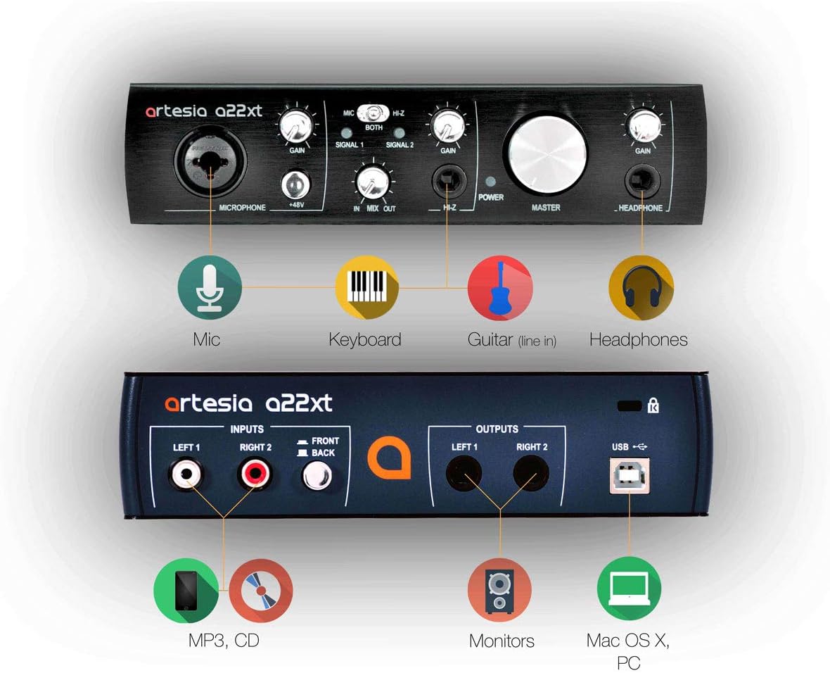 Artesia BE-REC Recording Bundle w/ A22XT 2.0 USB Audio Interface + AMC 10 Condenser Microphone with Pop Filter and XLR Cable