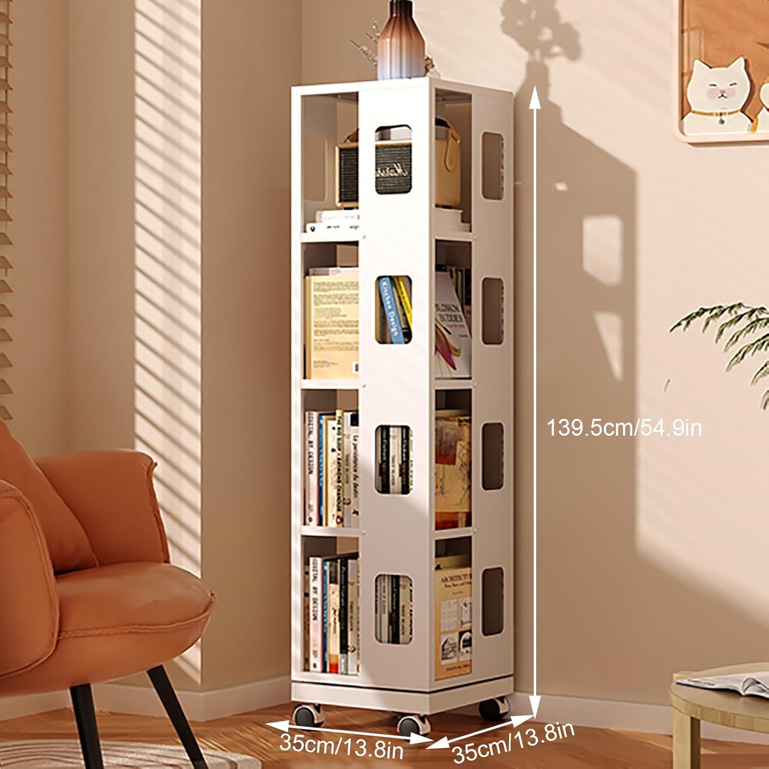 4-Tier Rotating Bookshelf, Freestanding Corner Book Shelf, 360° Spinning Bookcase, Metal Storage Rack with Wheels, for Living Room, Bedroom, Study