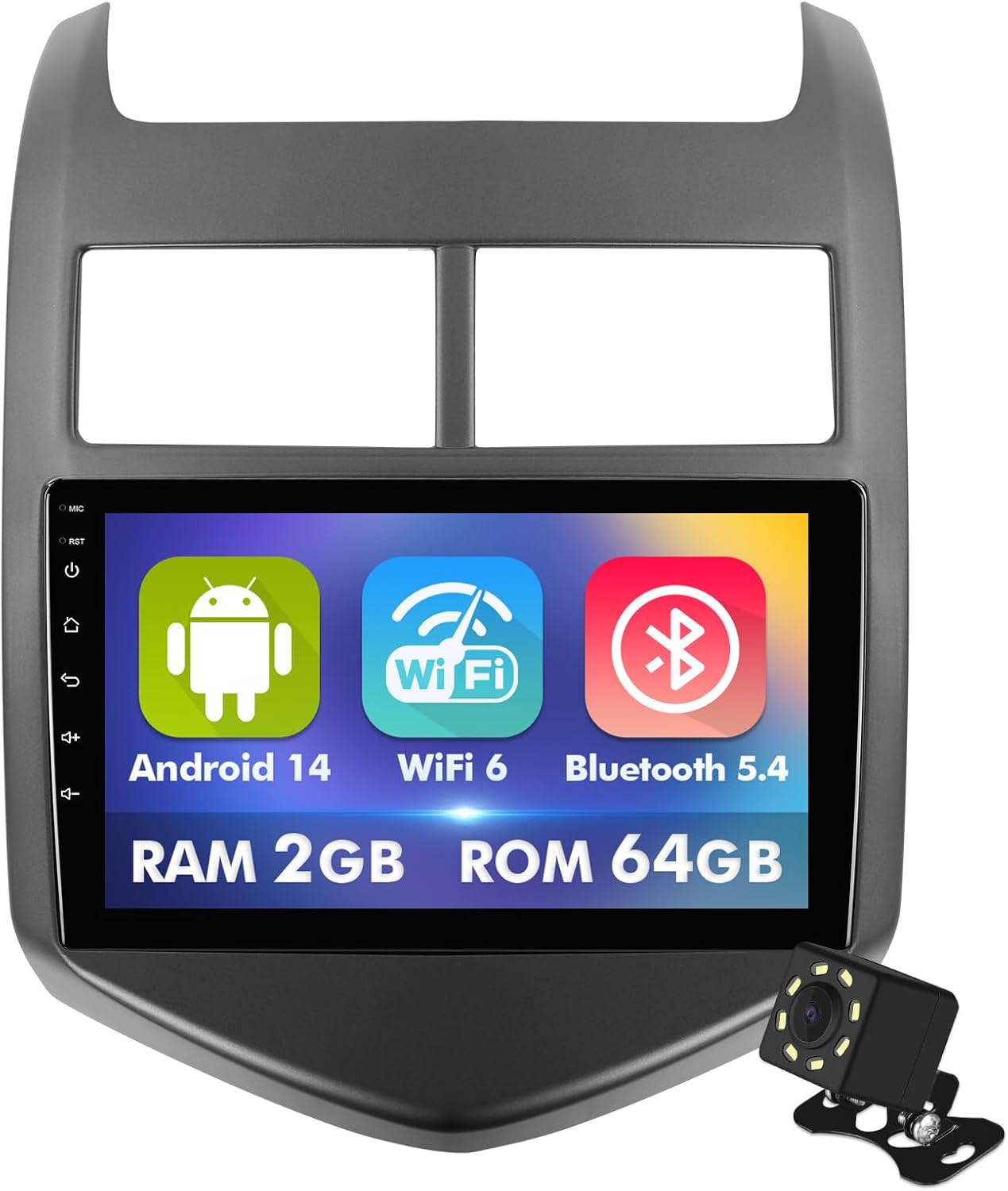 9 Inch IPS Touchscreen Android 14 Car Stereo for Chevrolet Sonic Aveo 2011-2015 with Wireless CarPlay & Android Auto 2+64GB Car Radio, Support WiFi 6, Bluetooth,5.4, Backup Camera, SWC