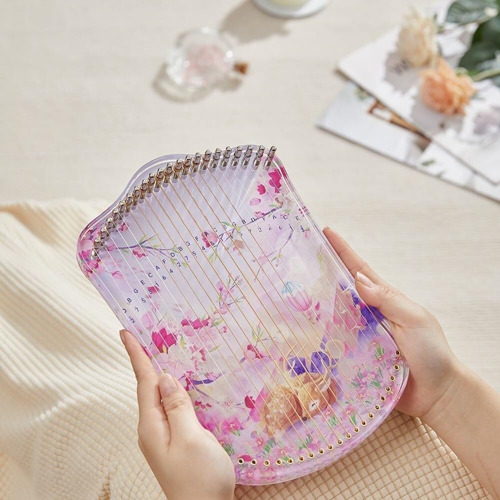 Mini Lyre Harp with Deer Pattern, Fingerpicking String Instrument, Metal Strings Acrylic Thumb Piano with Tuning Wrench(Color:Default)