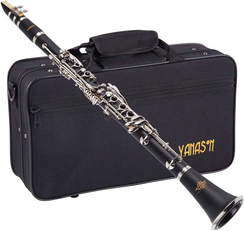 YANASON Bb clarinet for beginners, Bb nickel-plated 17-keys clarinet, suitable for students, professionals, school bands with Hard Foam Case,Barrels*2,Pads*8,Stand, Cleaning Kit,Gloves,Strap,Reeds*8