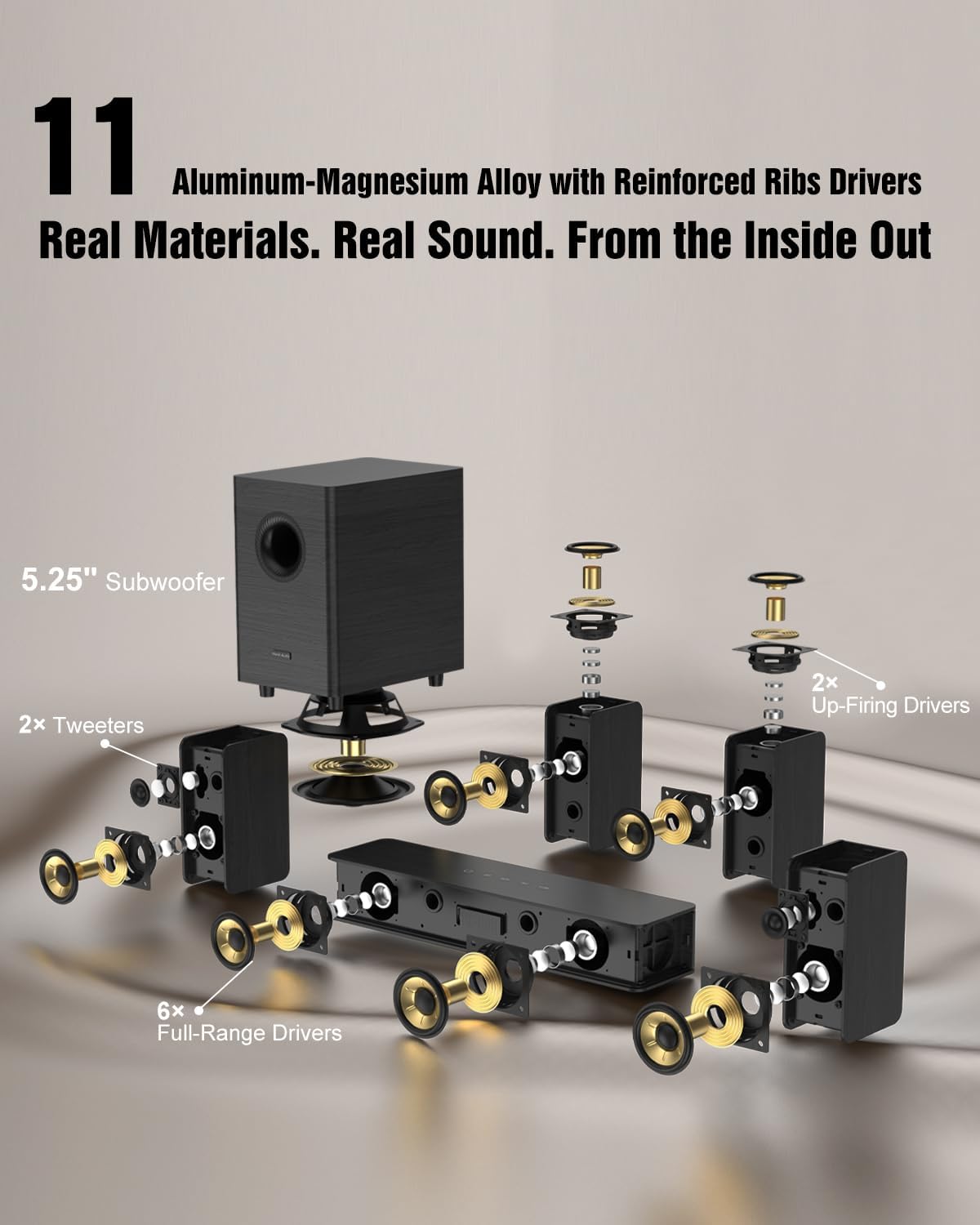 Wooden 5.1.2 Virtual Surround Sound System, 4 Surround Speakers Wired, 400W Peak Power, Sound Bars for Smart TV w/Subwoofer, 5.25'' Deep Bass, Home Theater TV System, ARC/OPT/BT/AUX, HiPulse N512