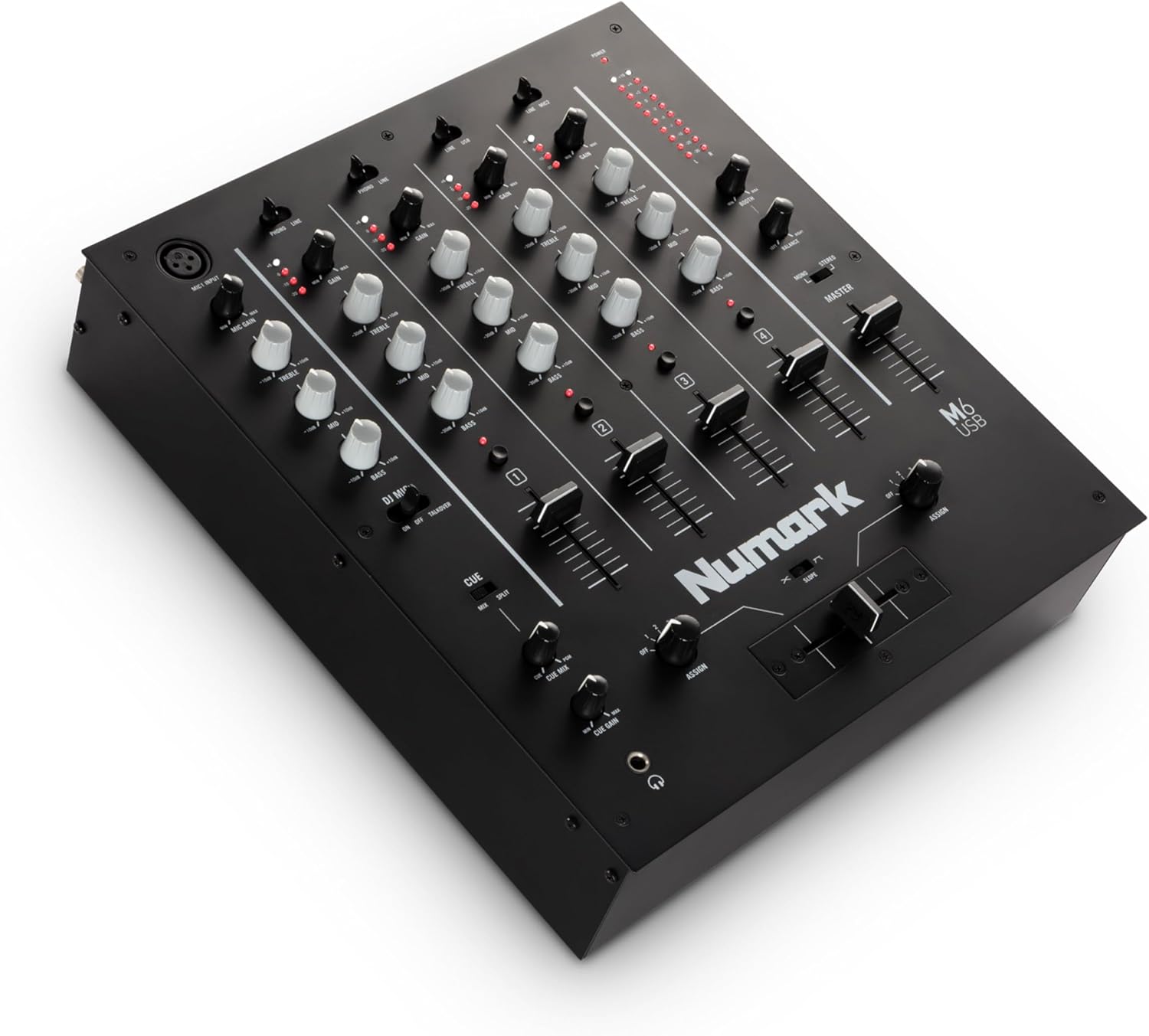 Numark M6 USB - 4-Channel DJ Mixer with Built-In Audio Interface, 3-Band EQ, Microphone Input and Replaceable Crossfader with Slope Control