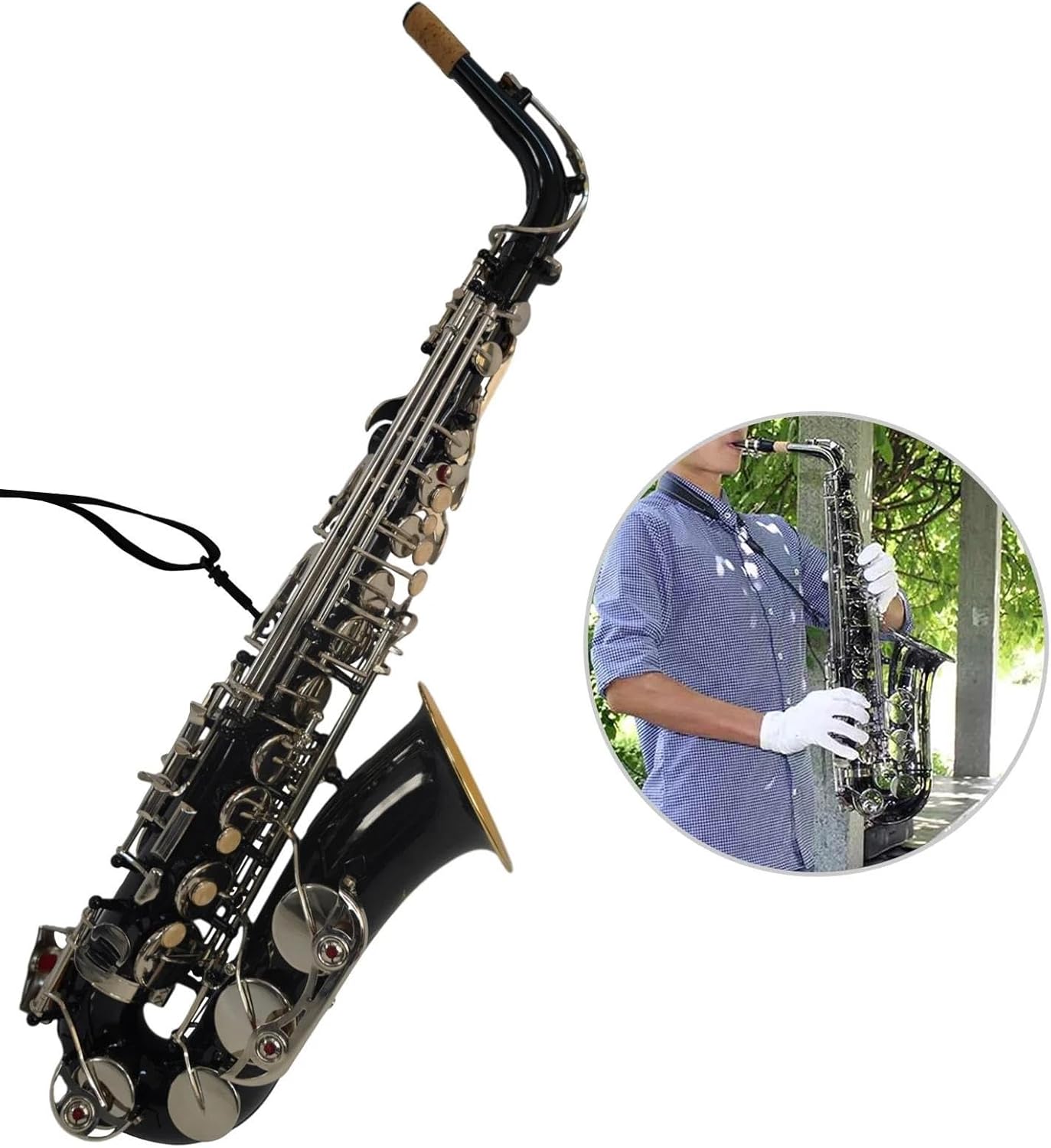 VBDEFRT Black Eb Alto Saxophone Sax Brass Body White Keys Woodwind Instrument With Carry Case Cloth Brush Sax Neck