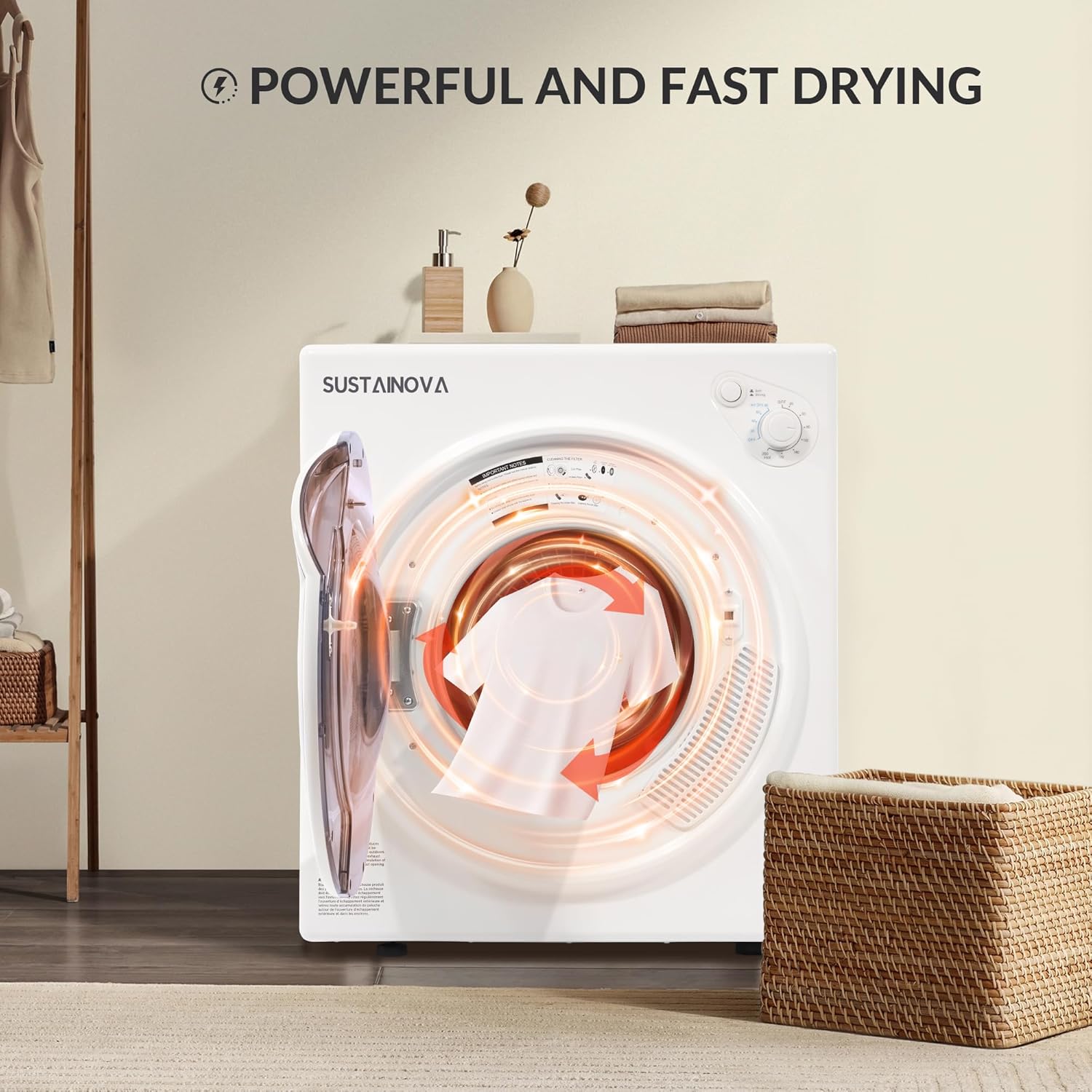 Elevon Portable Clothes Dryer 1350W, Compact Dryer for laundry with 5 Drying Modes, 2.6 Cu.ft Front Load Dryer Machine, Stainless Steel Tub for Small Space, RVs, Overheat Protection, Black & White