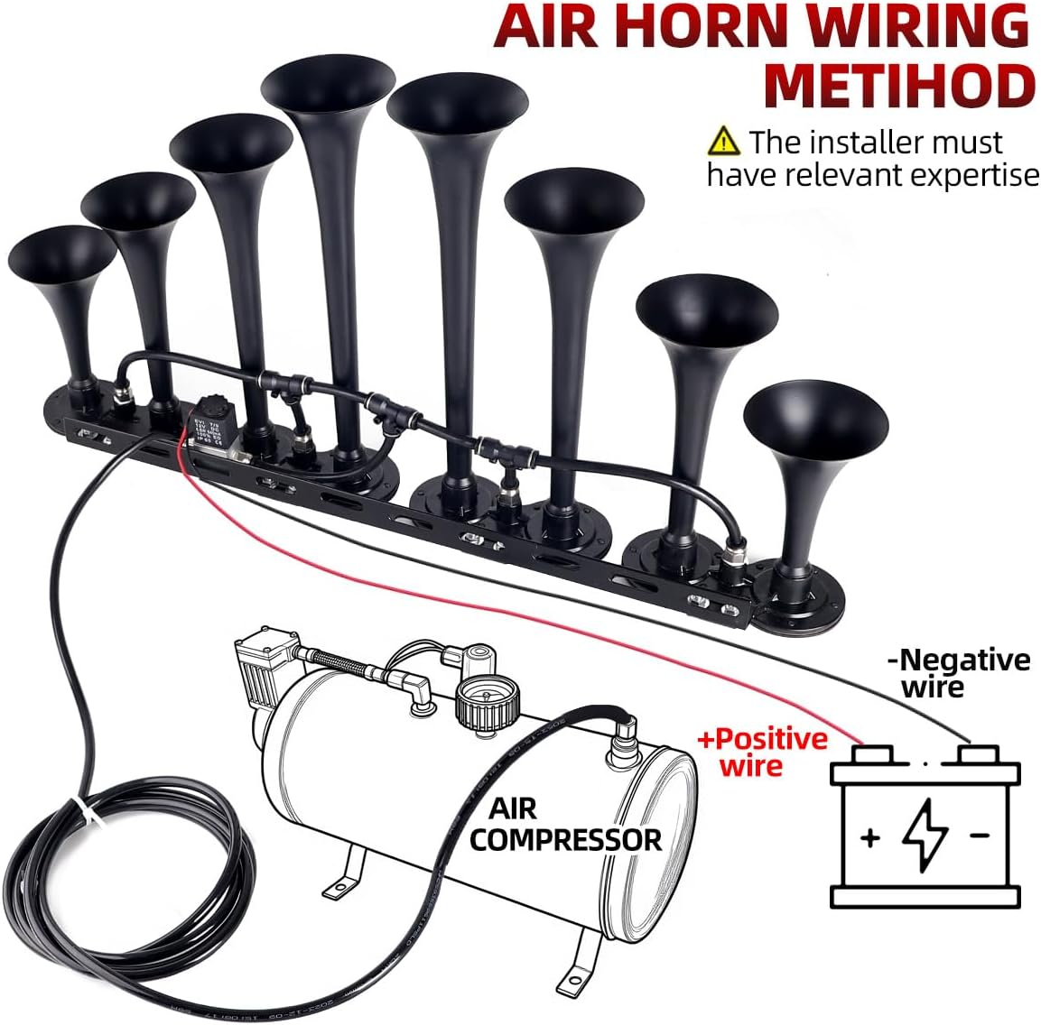 8-Trumpet Train Horn Metal Kit, 800dB super loud Air horn.Truck horns Suitable for 12V Large vehicles, such as semi-automatic driving/pickup/cars/trucks/RVs/SUVs, etc. (black wiht button)