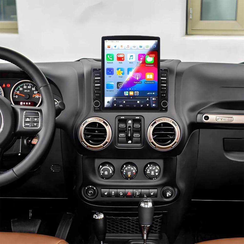 PHEZEN 9.7 inch Touchscreen Car Stereo Fit for Jeep Wrangler 2007-2017, Android 14 Double Din Car Radio with Carplay & Android Auto in-Dash Navigation BT Mirror Link WiFi Backup Camera 4+64G