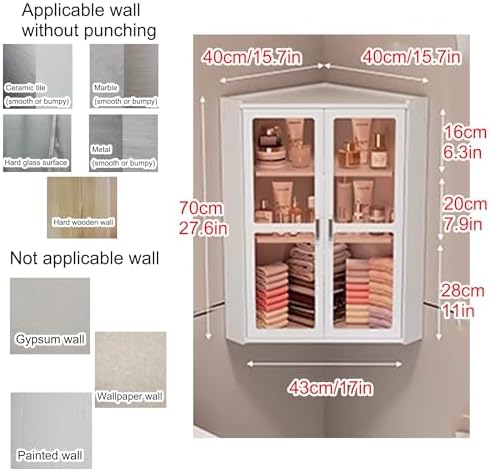 Compact Corner Medicine Cabinet - Wall Mount Bathroom Storage with Glass Doors, Over-The-Toilet Cabinet for Bathroom, Kitchen, Laundry, Dorms (Transparent, 35)