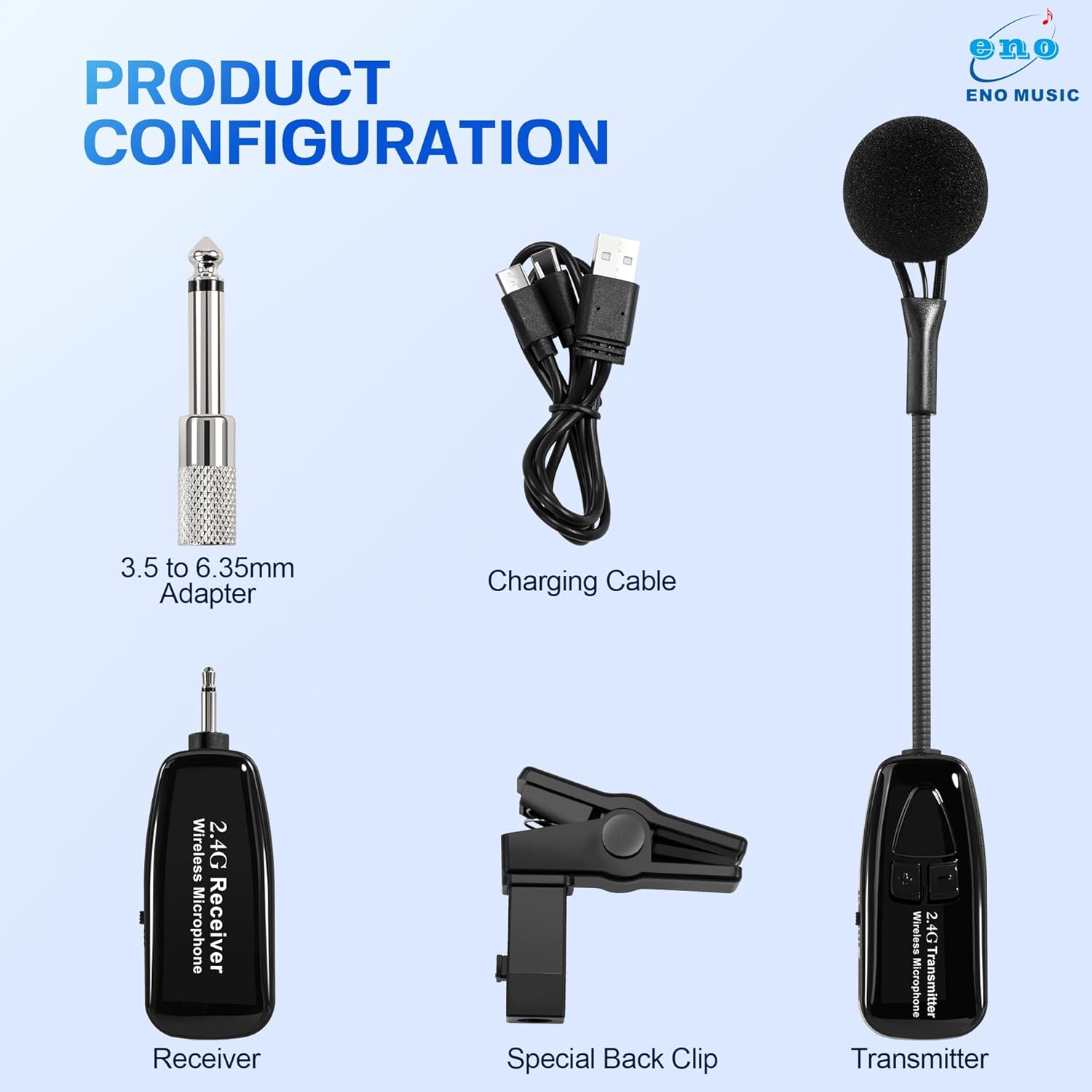 ENO MUSIC Professional 2.4G Wireless Mic System for Saxophone, 30M Stable Signal, Auto Reconnect, Includes 3.5mm-6.35mm Adapters for Live Shows