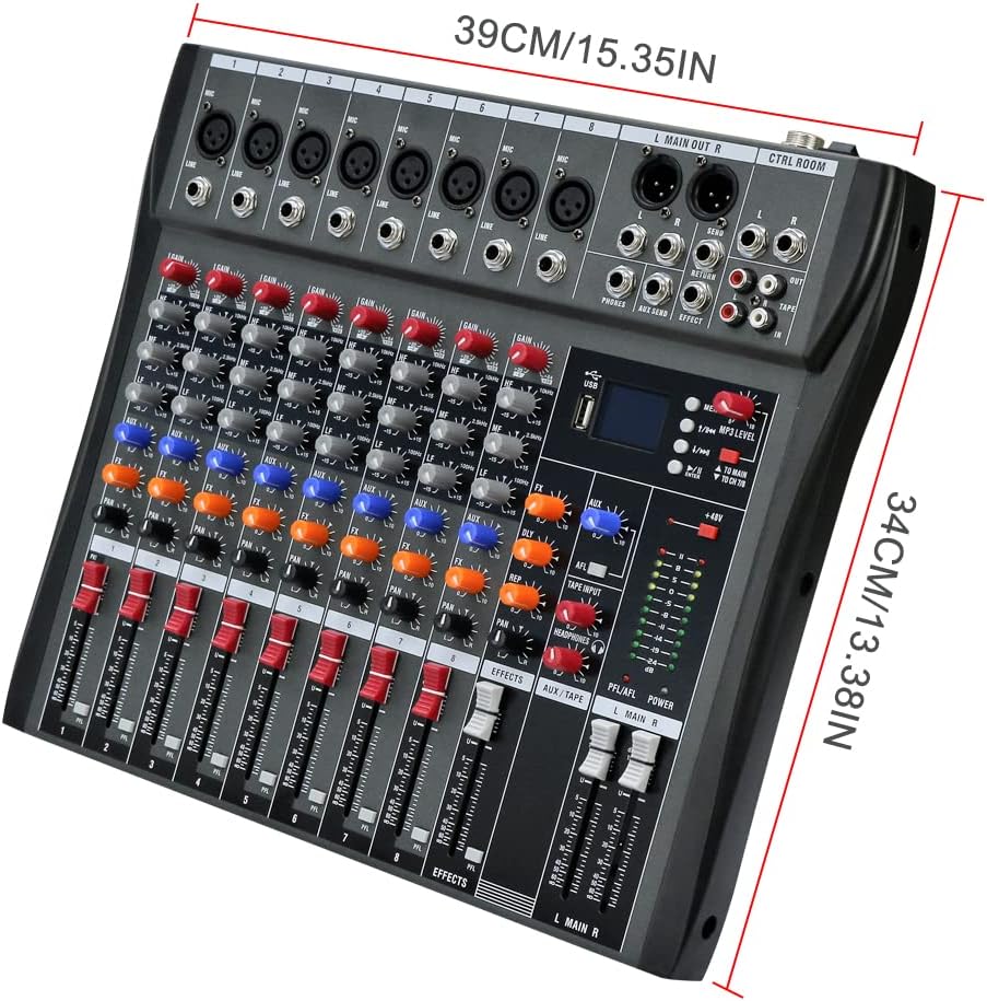 Professional Sound Board Console System 8-Channel Sound Mixing Board USB Pro Studio DJ Sound Controller Voice Mixing Sound Mixing Console Music Recording Equipment for Stage Performance Bar Home Party