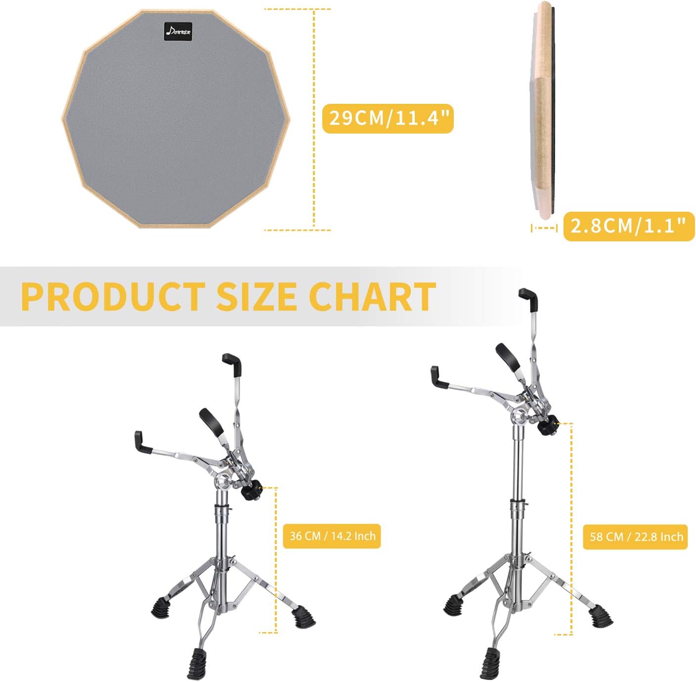 Donner Snare Drum Stand Set with Drum Practice Pad, 12'' Double-sided Silent Drum Pad set, Drumsticks, Backpack Adjustable Stand Fits 10''-14'' Dia Drums