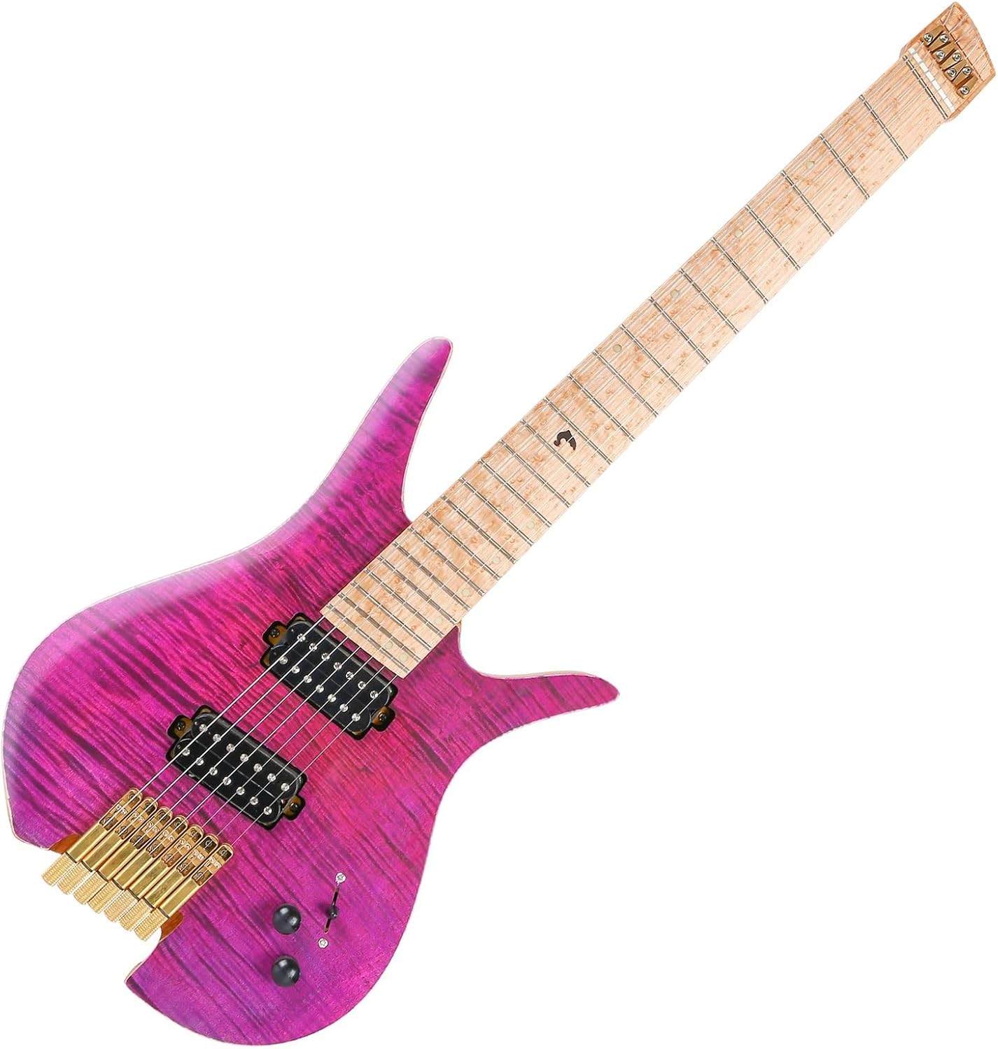 Headless Electric Guitar 7 String Fanned Stainless Steel Fret Headless Electric Travel Guitar Ash Wood with Flame Maple Veneer