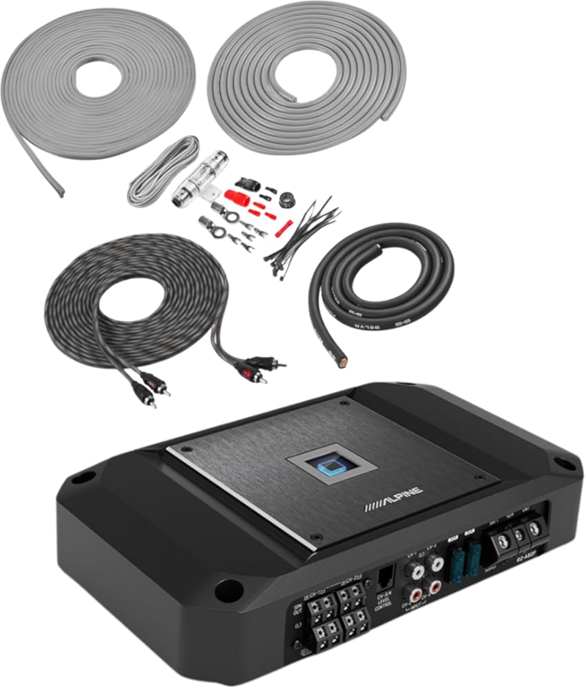 Alpine R2-A60F 600W RMS 4-Channel Class D Amplifier + Belva BAK42BK 4 Gauge Amp Wiring Kit – Hi-Res Certified Car Audio Amp with Complete CCA Install Kit for Systems Up to 1200W RMS