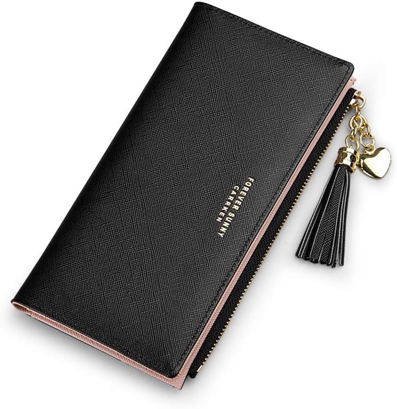 Slim Genuine Leather Wallet for Women RFID Blocking Long Clutch with Zipper Pocket & Phone Holder (Black)