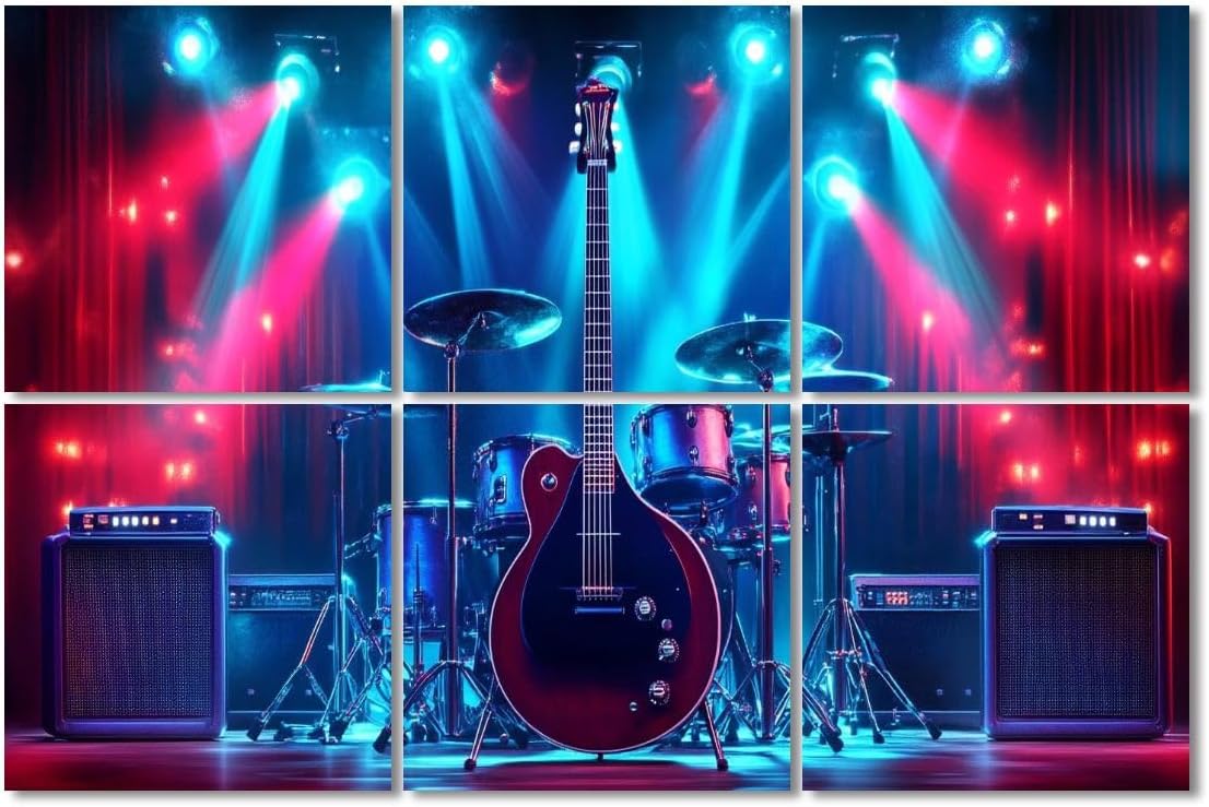 6 Pack Art Acoustic Panels Sound Absorbing Guitar Vintage Cave Electric Drum Set Amplifiers Stage Lights Decorative Soundproof Wall Panels Self Adhesive for Recording Studios Office 72