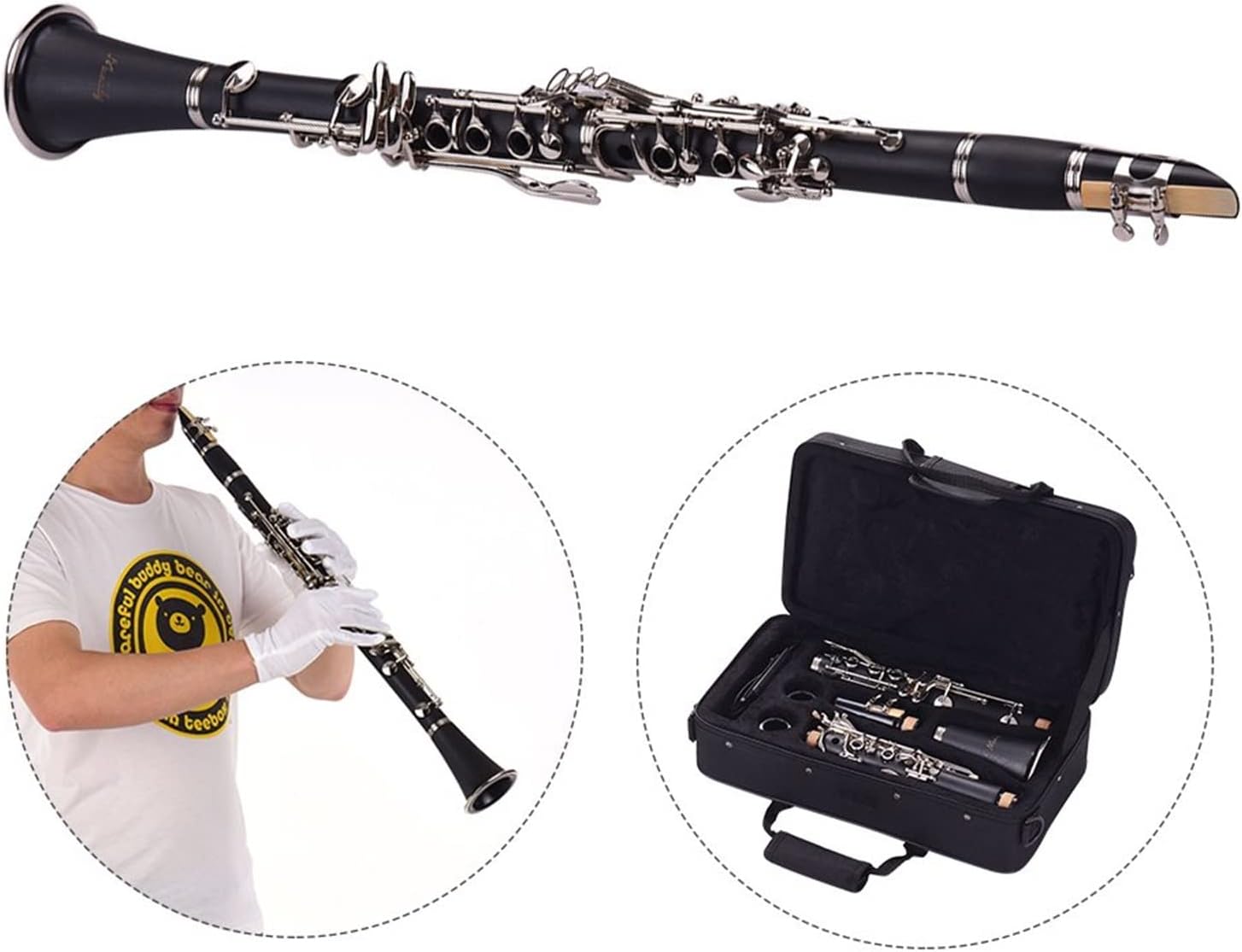17-Key ABS Clarinet Bb Flat with Carry Case Gloves Cleaning Cloth Mini Screwdriver Reed Case Reeds Woodwind Instrument Professional Clarinet