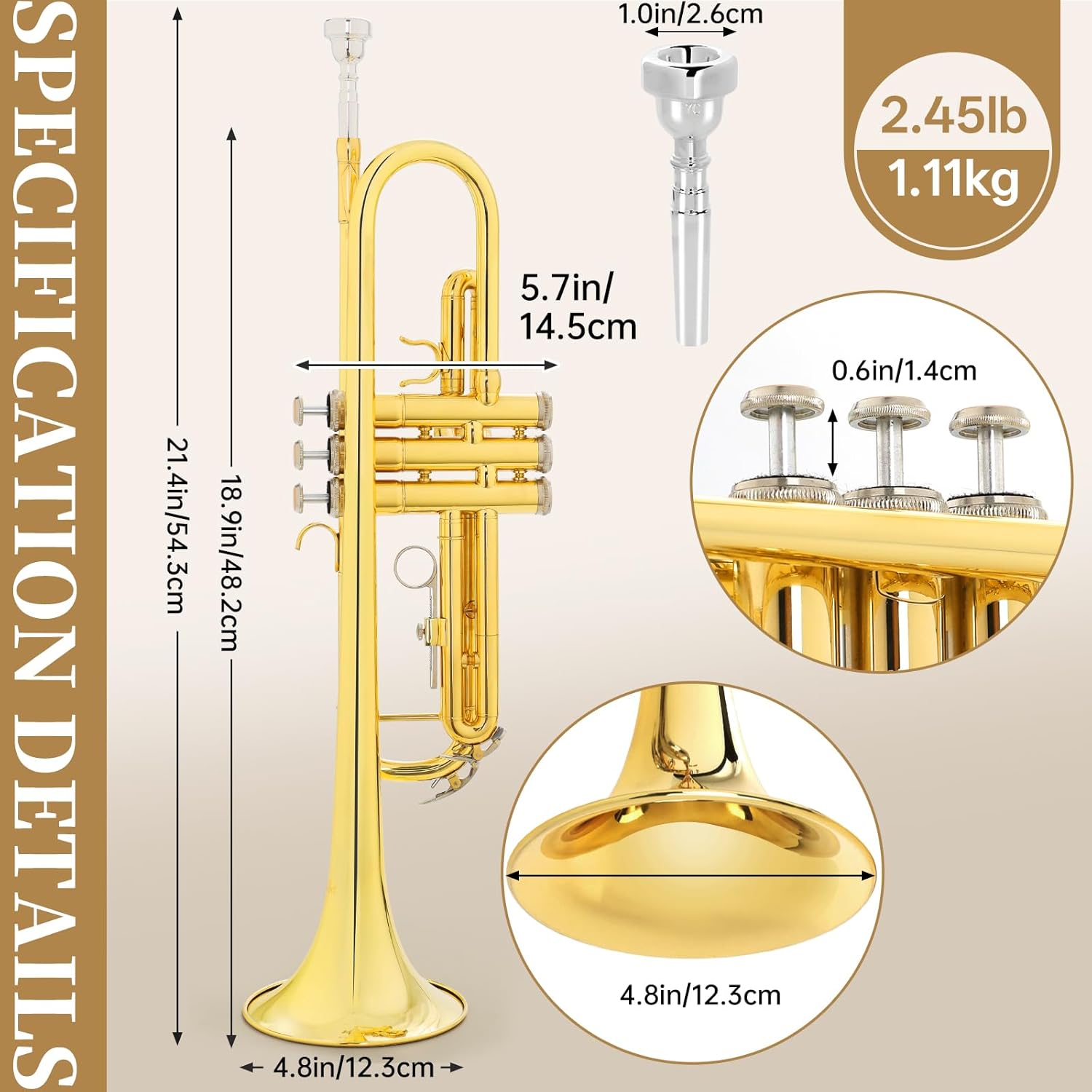 Kmise Bb Standard Trumpet, Premium Brass Trumpets for Student Beginner, Trumpet Instrument Set with Upgraded Case, 7C Mouthpiece, Mute, Beginner's Guide Kit, Cleaning Kit (Gold)