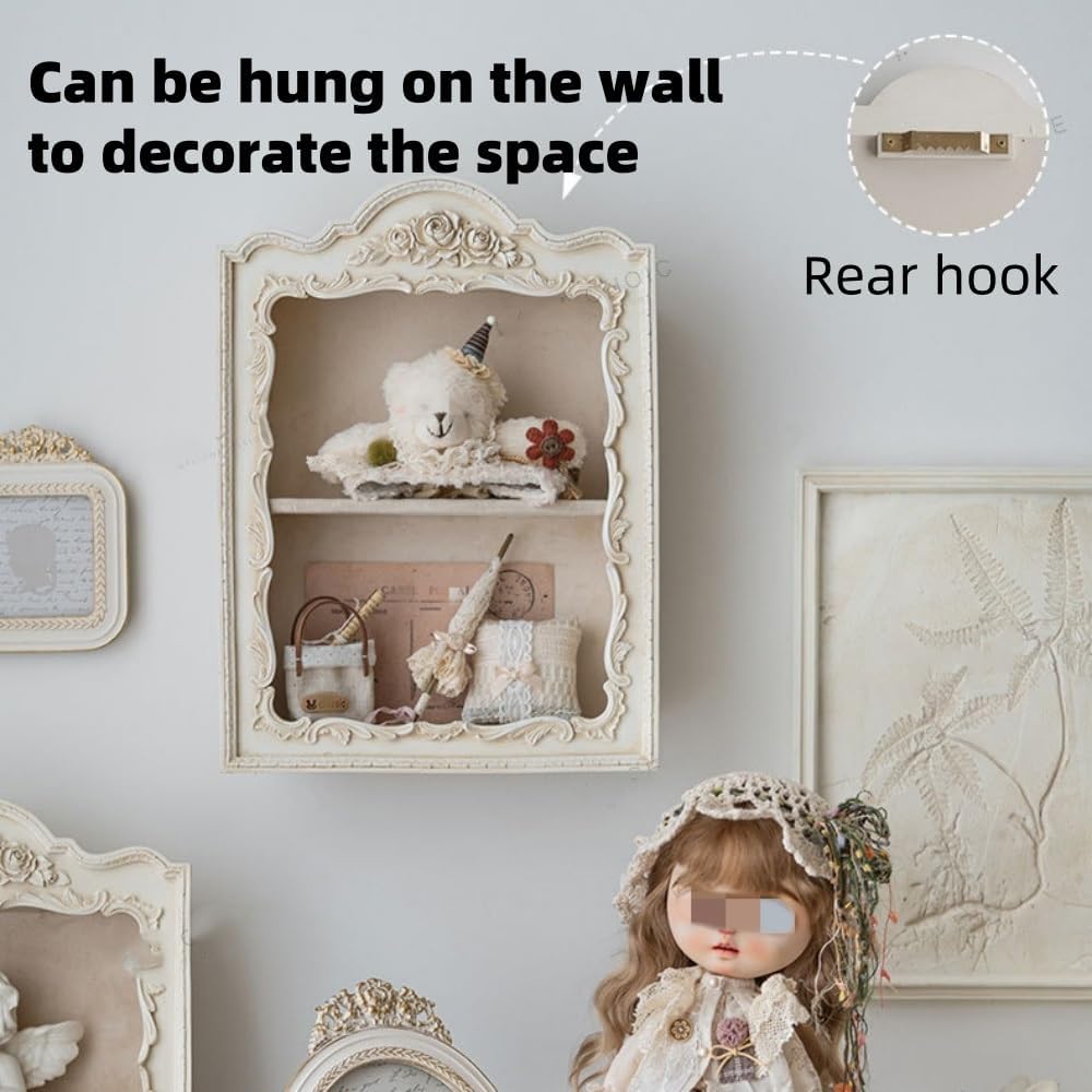 Retro Hollow Flower Wall Storage Shelves, 2 Layer Resin Floating Shelf, Classic Style, Floating Shelves, Wall Mounted Container, Art Decoration, Living Room, Bedroom, Kitchen (White)