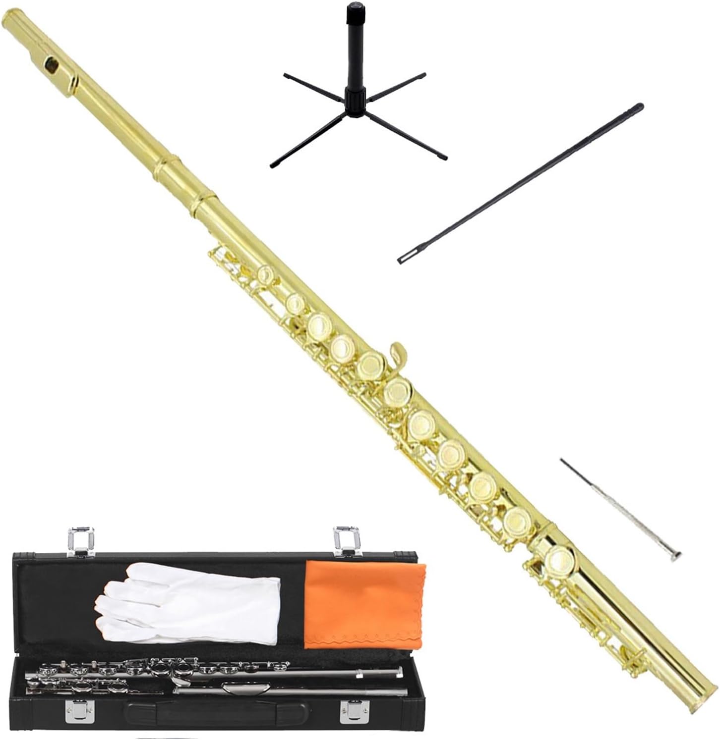 Professional Flute Instrument 16 E Key C Nickel Plated Closed Hole Flute Gold And Silver Colored Woodwind Instrument(Gold)