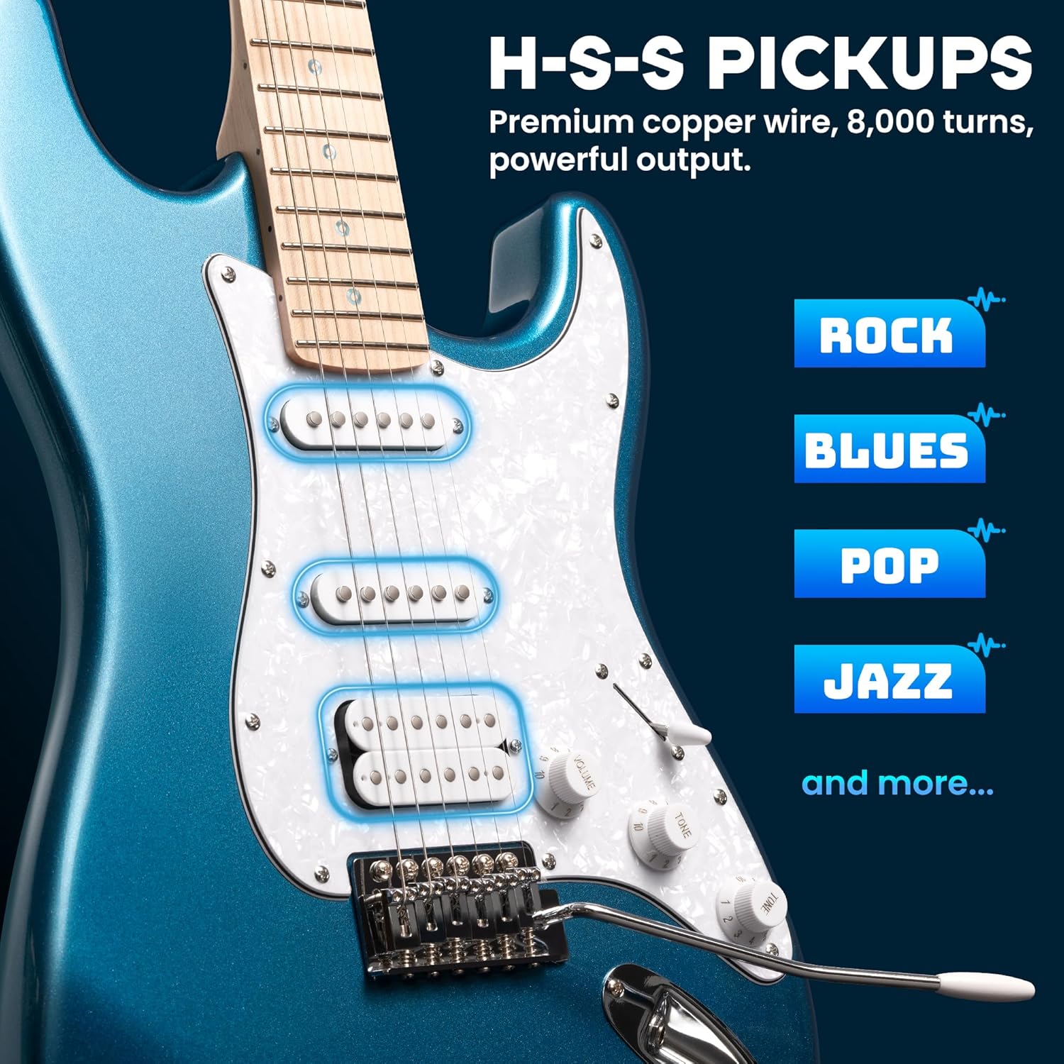 CAHAYA Electric Guitar Set Beginner - 39in Starter Guitar Kit with HSS Pickup Solid Okoume Body Electric Guitar Adults with Amplifier Gig Bag Strap Picks Strings Cable Blue