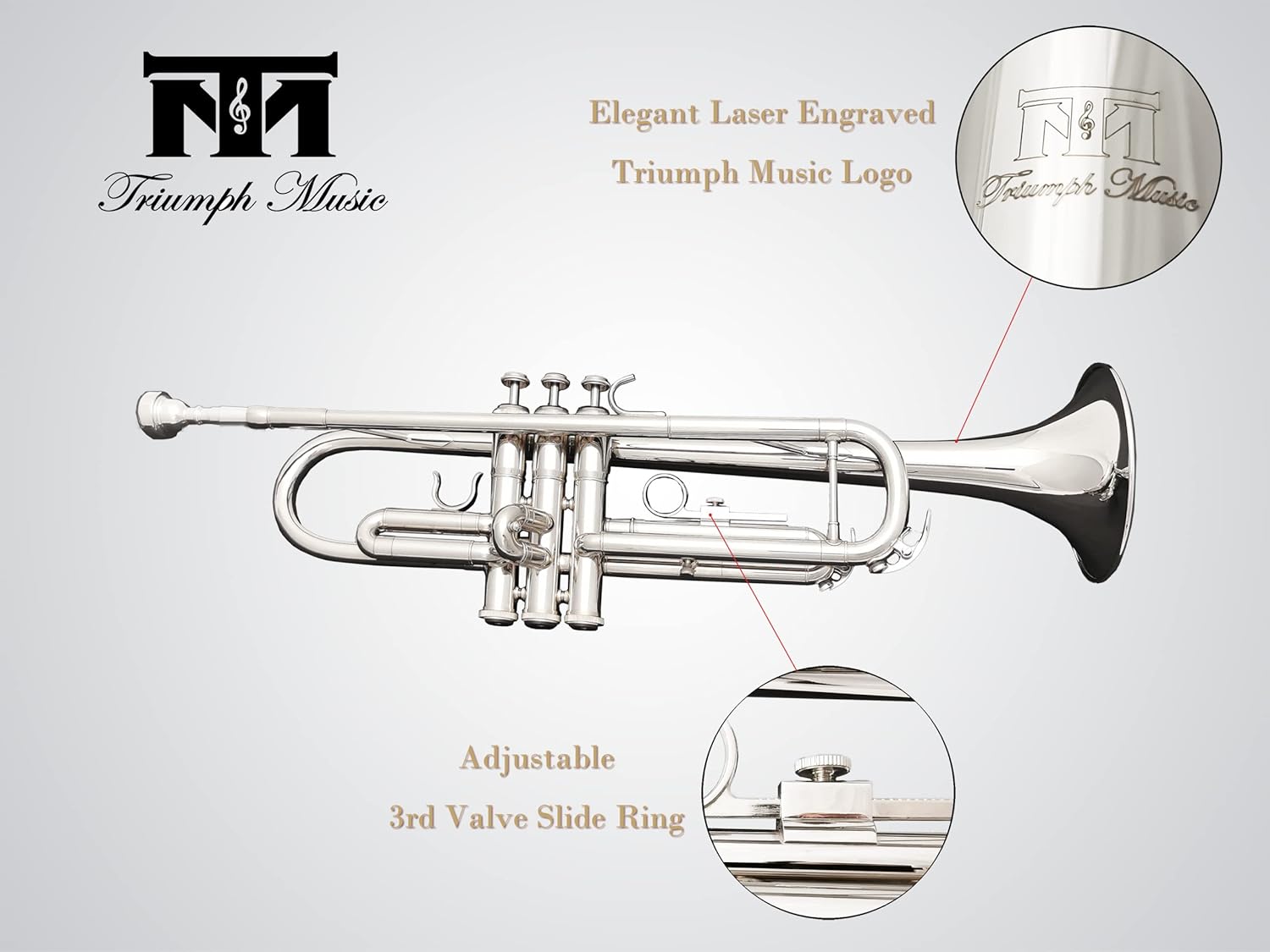 Triumph Bb Trumpet, Brass Instrument, Standard Trumpet Set for Students Beginners with Hard Case, Valve Oil, Cleaning Kit, 7C Mouthpiece, White Gloves, 6416N (Nickel Silver)