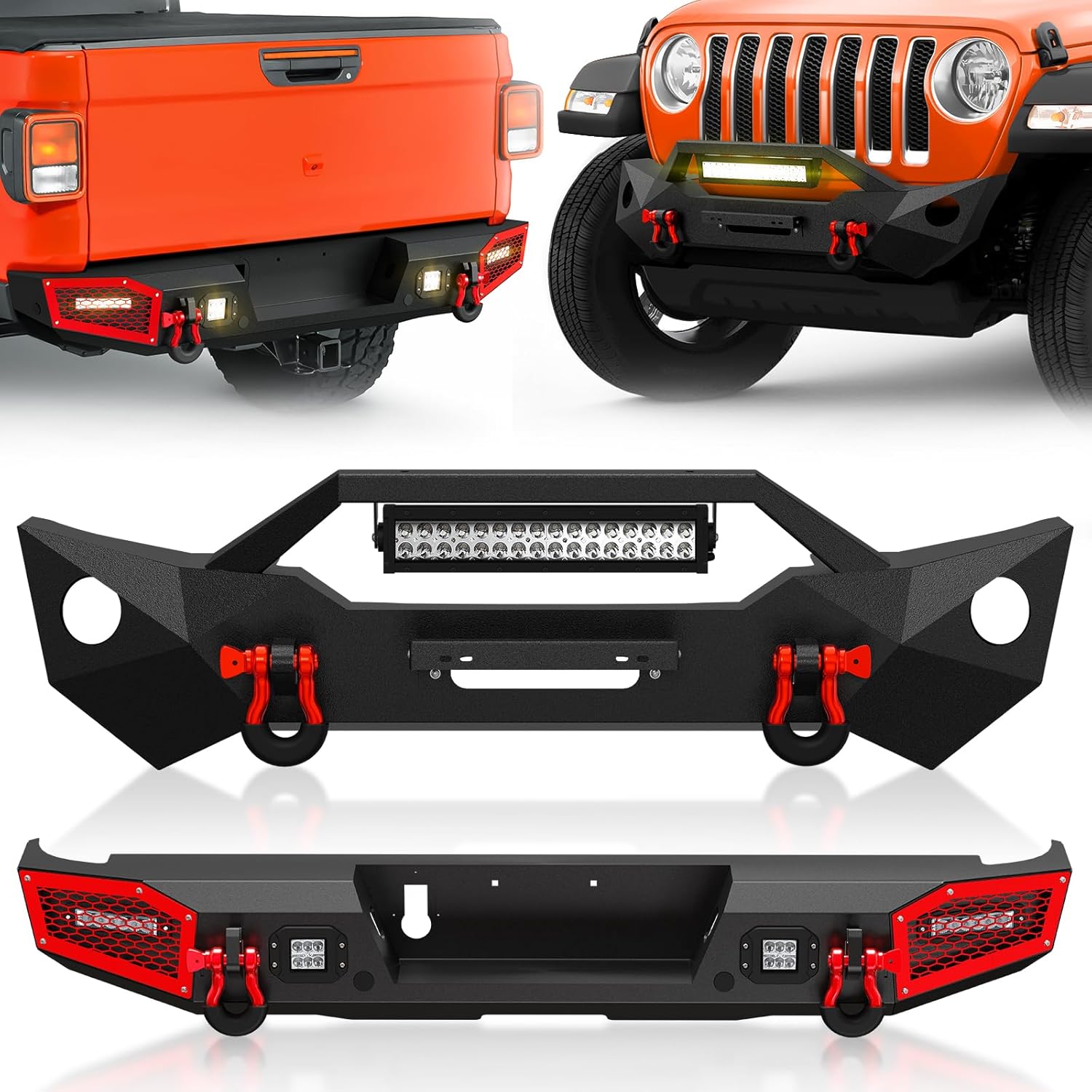 SUORTO Front and Rear Bumpers Compatible with 2020-2026 Jeep Gladiator JT with Fog Light Holes, Winch Plate, Paintable Armor, Sensor Holes, License Plate Bracket & D-rings (2/4 Doors)