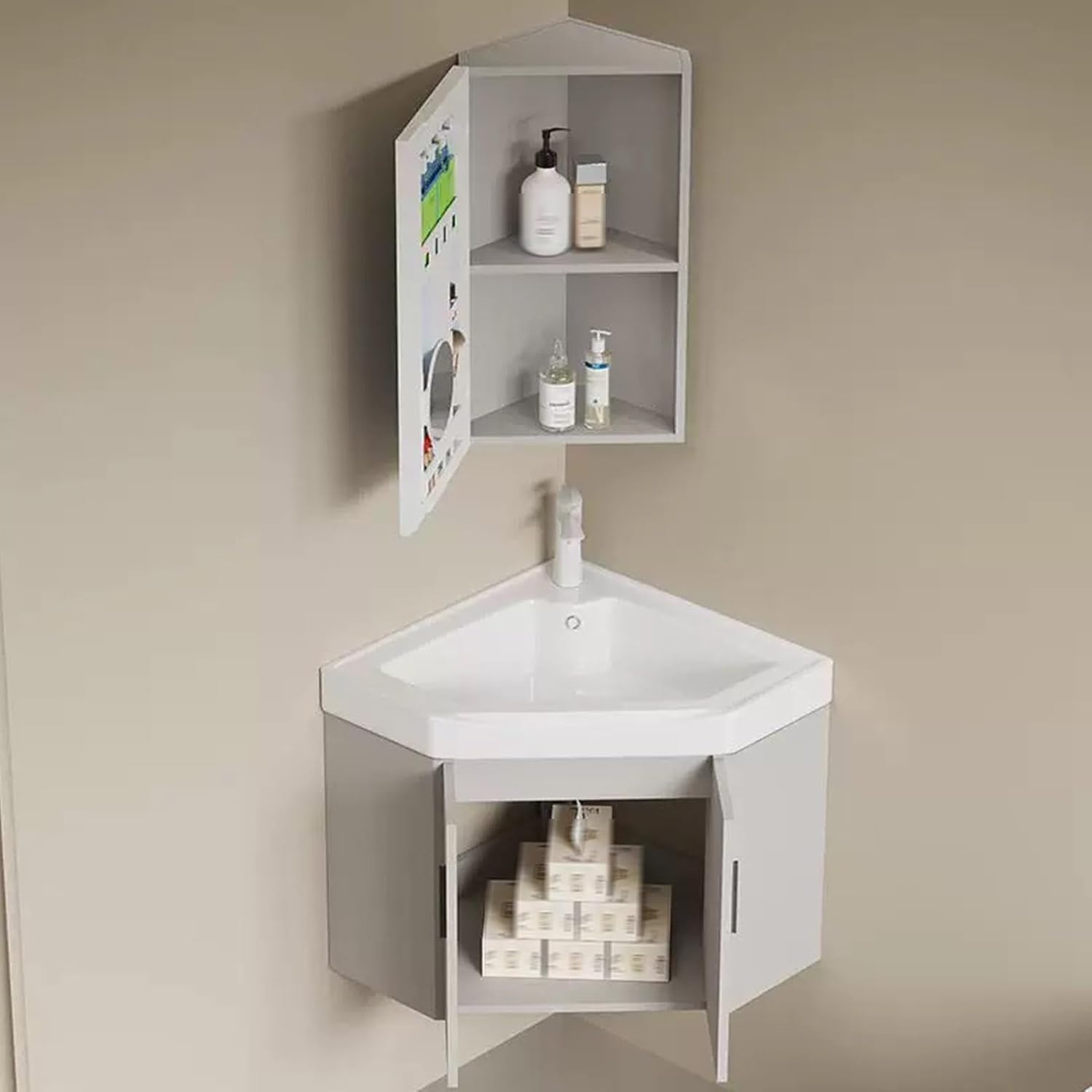 Corner Wall Mount Bathroom Sink, Corner Bathroom Sink, Corner Bathroom Vanity, Corner Ceramic Sink, Bathroom Sink with Storage Container, Gray(No Mirror)