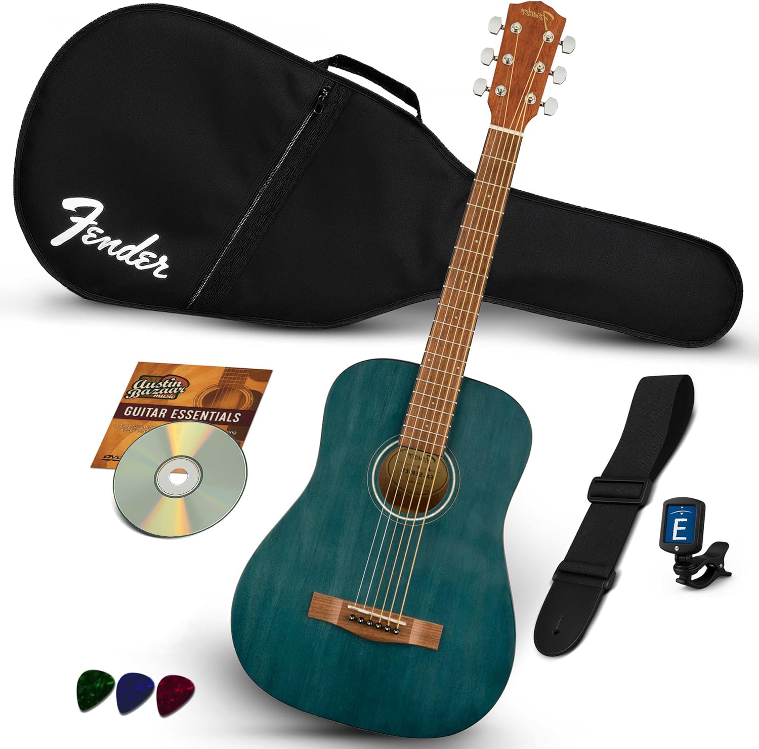 Fender FA-15 3/4-Scale Kids Steel String Acoustic Guitar - Blue Learn-to-Play Bundle with Gig Bag, Tuner, Strap, Picks, and Austin Bazaar Instructional DVD