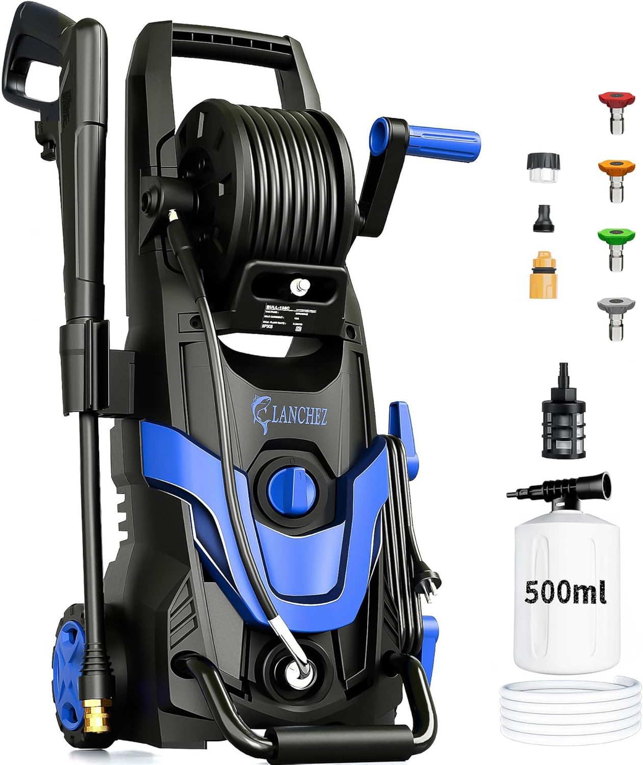LANCHEZ Pressure Power Washer 4800PSI with 4 Quick Connect Nozzles, Inlet Hose & Filter&500ML Foam Cannon, Power Washer for Cars/Fences/Driveways/Patios/Home Cleaning (Blue)