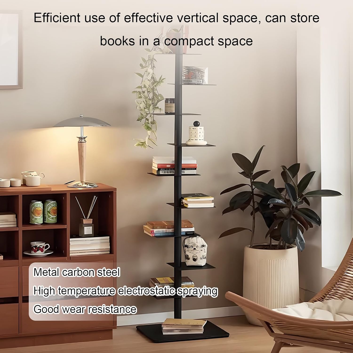 9 Tier Metal Spine Bookshelf Tower, Vertical Bookshelf, Adjustable Vertical Spine Book Tower Floor, Tall Open Display Storage Organizer for Study Room, Living Room(White)