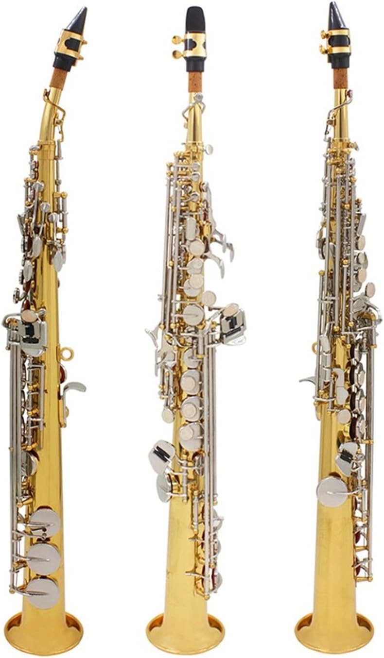 KESHUO Bb Saxophone Brass Gold Lacquer Straight Saxophone Sax Saxofon Woodwind Musical Instrument with Case Accessories Brass Sax Beginners Kit (Color : Golden Silver Key)