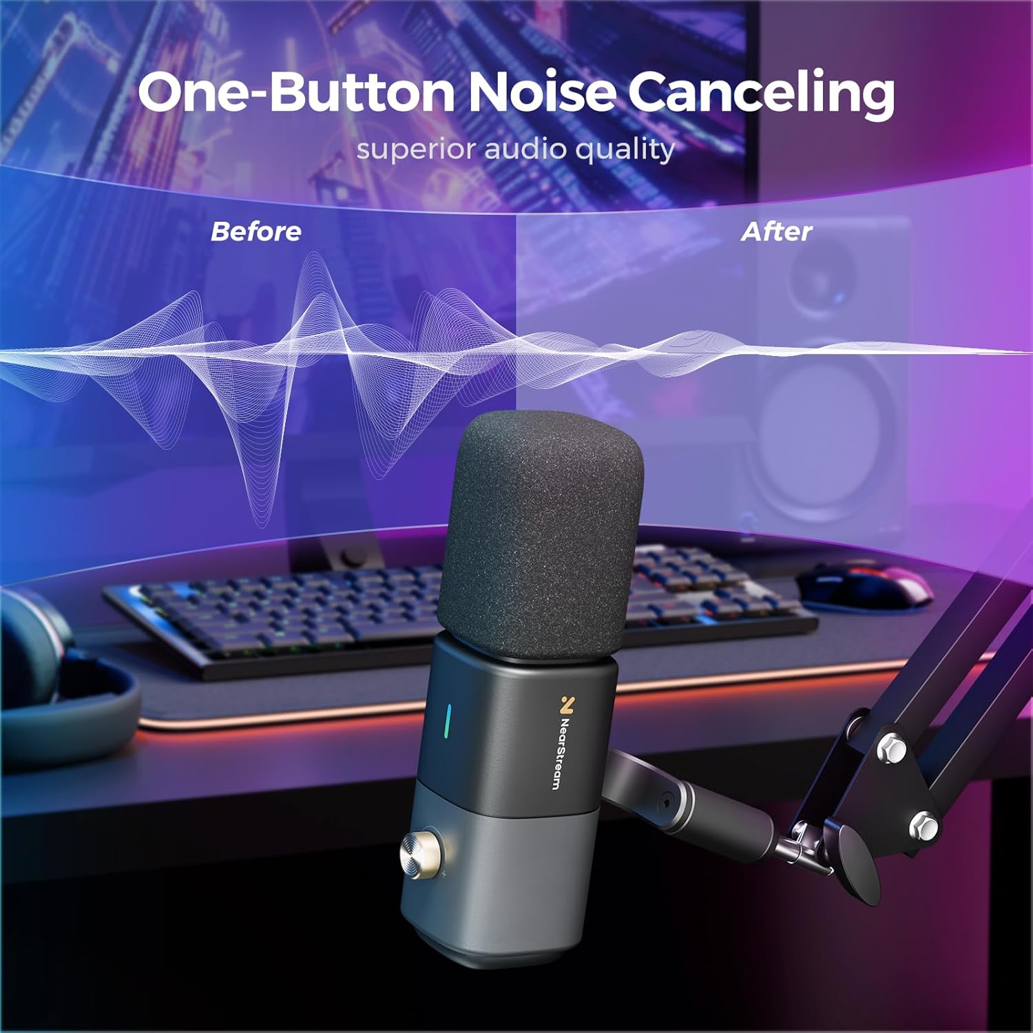 NearStream AM20X XLR/USB Condenser Microphone with Boom Arm, Podcast Mic with Gain Control/Noise Canceling/Headphone Jack/Mute Button,Compatible with PC/Mac/Audio Mixer/PS4/PS5,for Stream/Game/Record