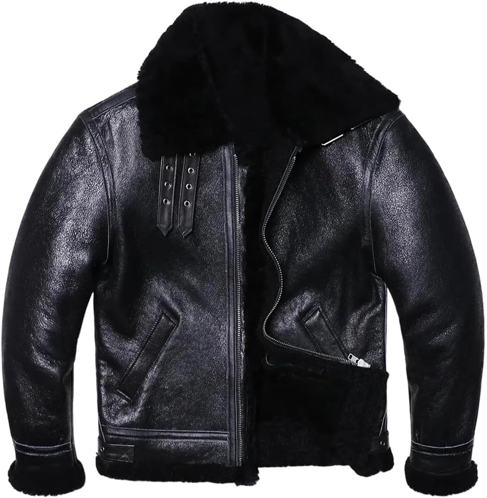 Men Black Thick Sheep Wool Original Ecological Fur Genuine Sheepskin Warm Leather Jacket Coats