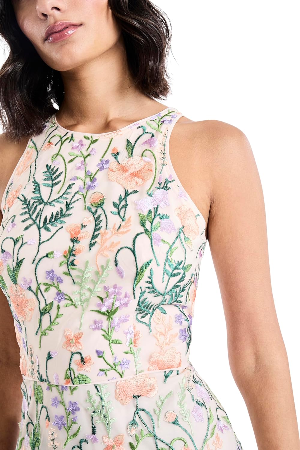 Maggy London Women's Dresses Floral Embroidered Halter Neck Midi Dress with Back V-Neck