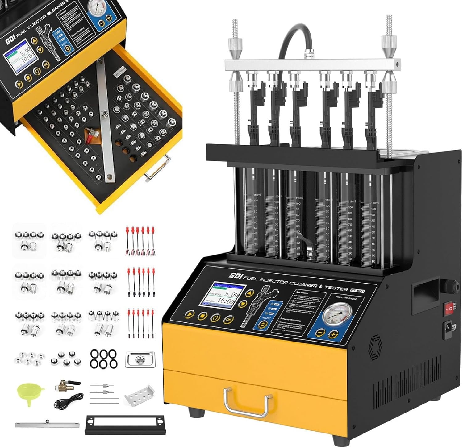 GDI,EFI,FSI,PIEZO Ultrasonic Fuel Injector Cleaner Tester,15 Functions Fuel Injector Tester,CT500 Injector Cleaner Machine with 6-Cylinder,12/70/120V Adjustable,For Pulse/Continuous/Wide Pulse Test