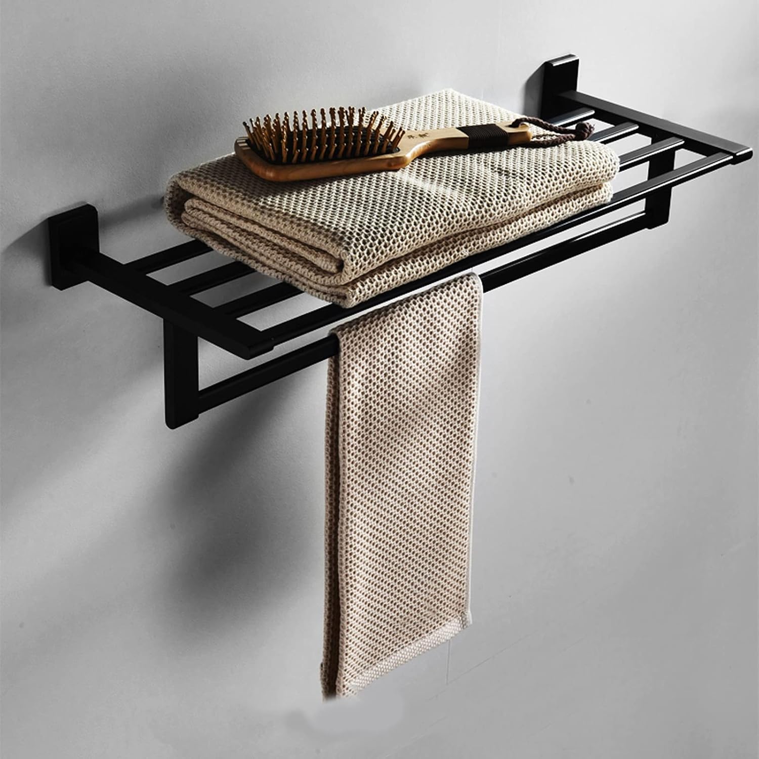 Shower Caddy Bathroom Shelf Bath Towel Rack 24 Inch Bathroom Shelves, Towel Holder Wall Mount，Wall Mounted Bathroom Wall Shelves with Towel Bar(Black) Shower Organizer