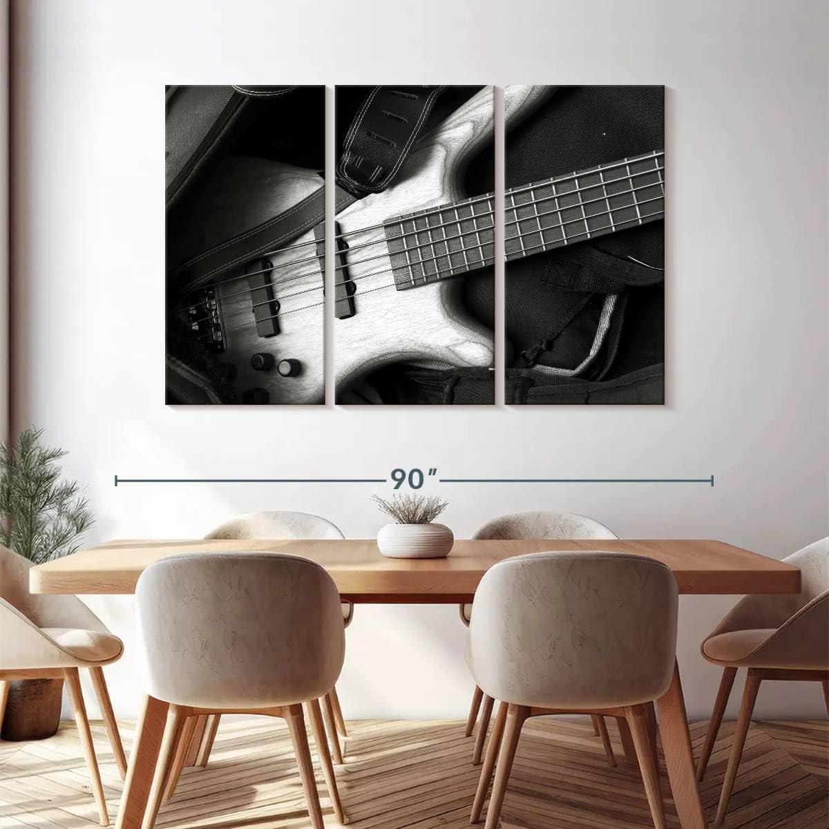 ElephantStock - Monochromatic Bass Guitar Wall Art - Horizontal Multi Panel Canvas - 3 Piece Living Room Wall Decor - Photography Music Multi Piece Wall Art - Black And Gray Decor - 74