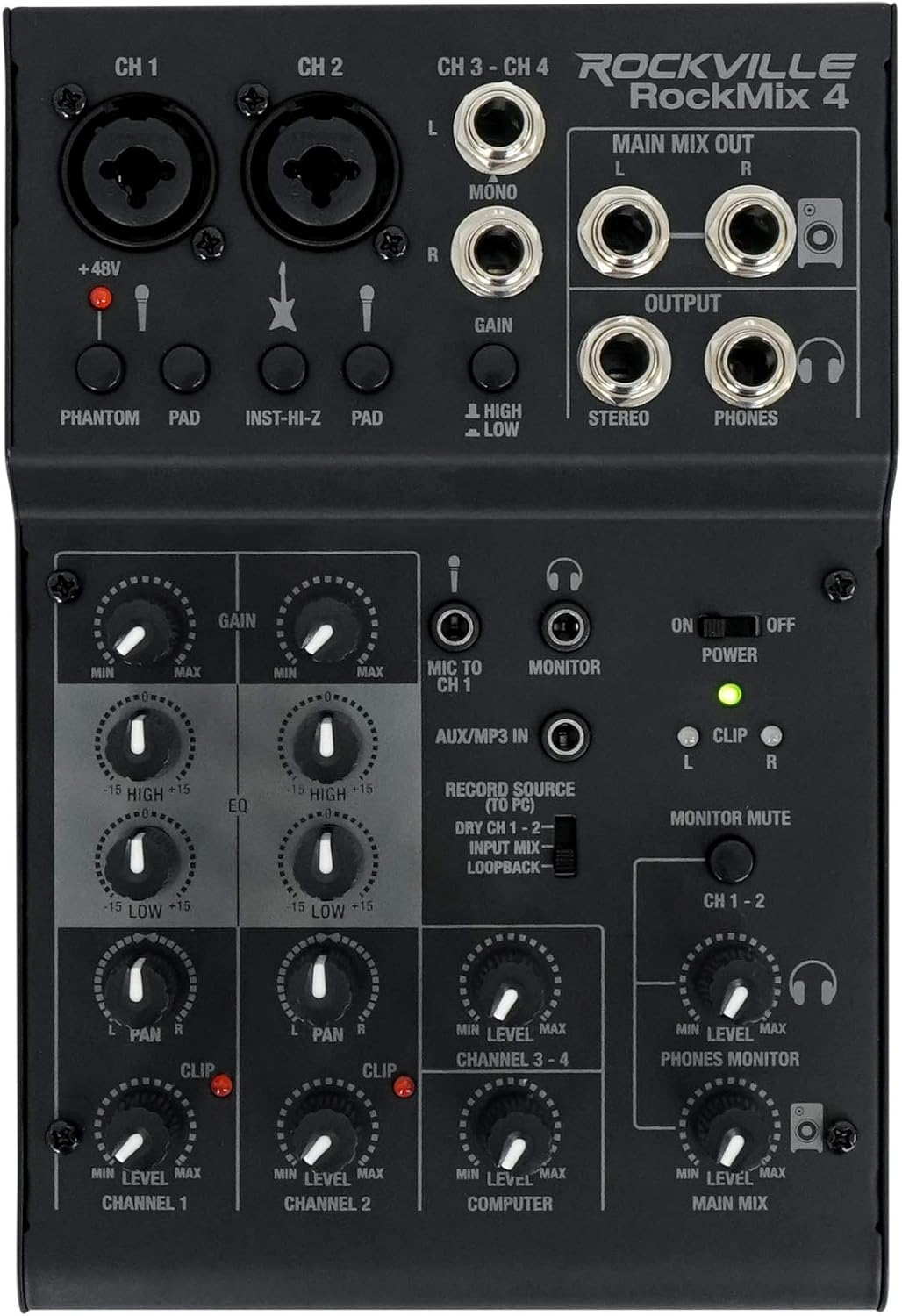 Rockville Podcasting Bundle: RockMix 4 Channel Mixer/Interface with USB, EQ, Mic/Instrument Inputs With (2) RMC-XLR Dynamic Wired Microphones, Metal Construction, (2) XLR Cables, 3-items
