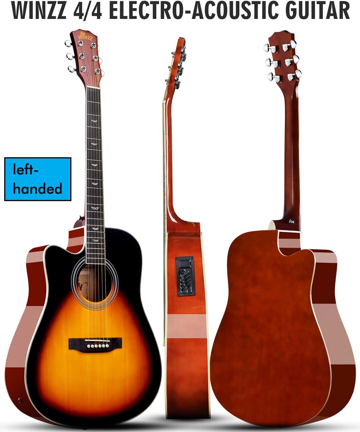 Winzz 4/4 Electro Acoustic Guitar, Left-Handed Western Guitar Set, Adult Beginners, Acoustic Guitar 41 Inch with 4-Band Equaliser (Dreadnought,Glossy Sunburst)