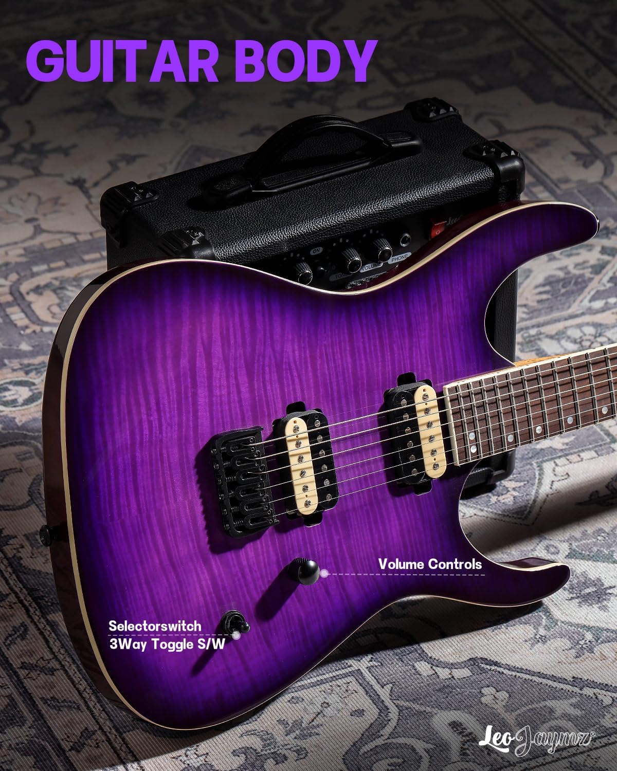 Leo Jaymz Electric Guitar Monsoon Series,Reverse Headstock,Mahogany Body,Roasted Maple Neck,Rosewood Fretboard,Locking Tuners,Rounded End Frets (Violet Flame)