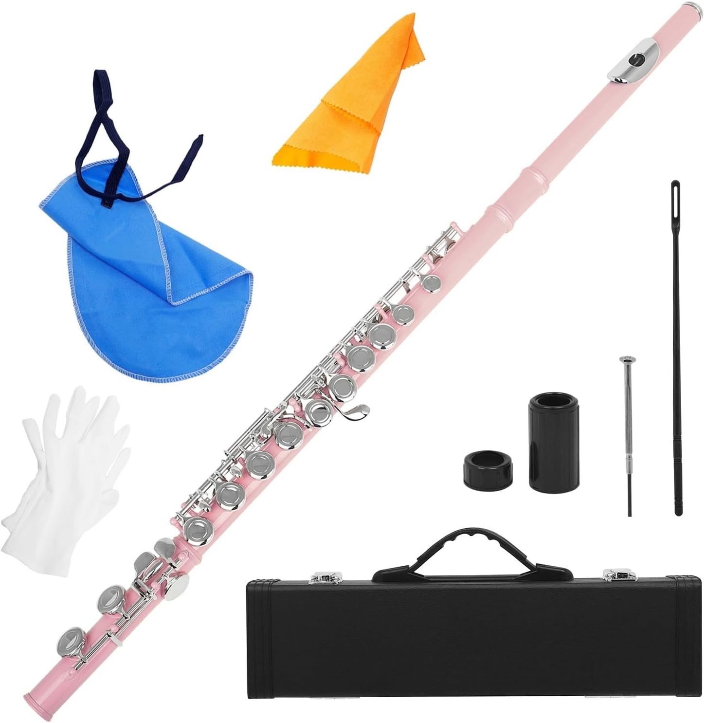 Flute Flute Nickel-Plated Brass 16 Hole C Key Woodwind Instrument with Padded Case Flutes Musical Instruments (Color : Pink)
