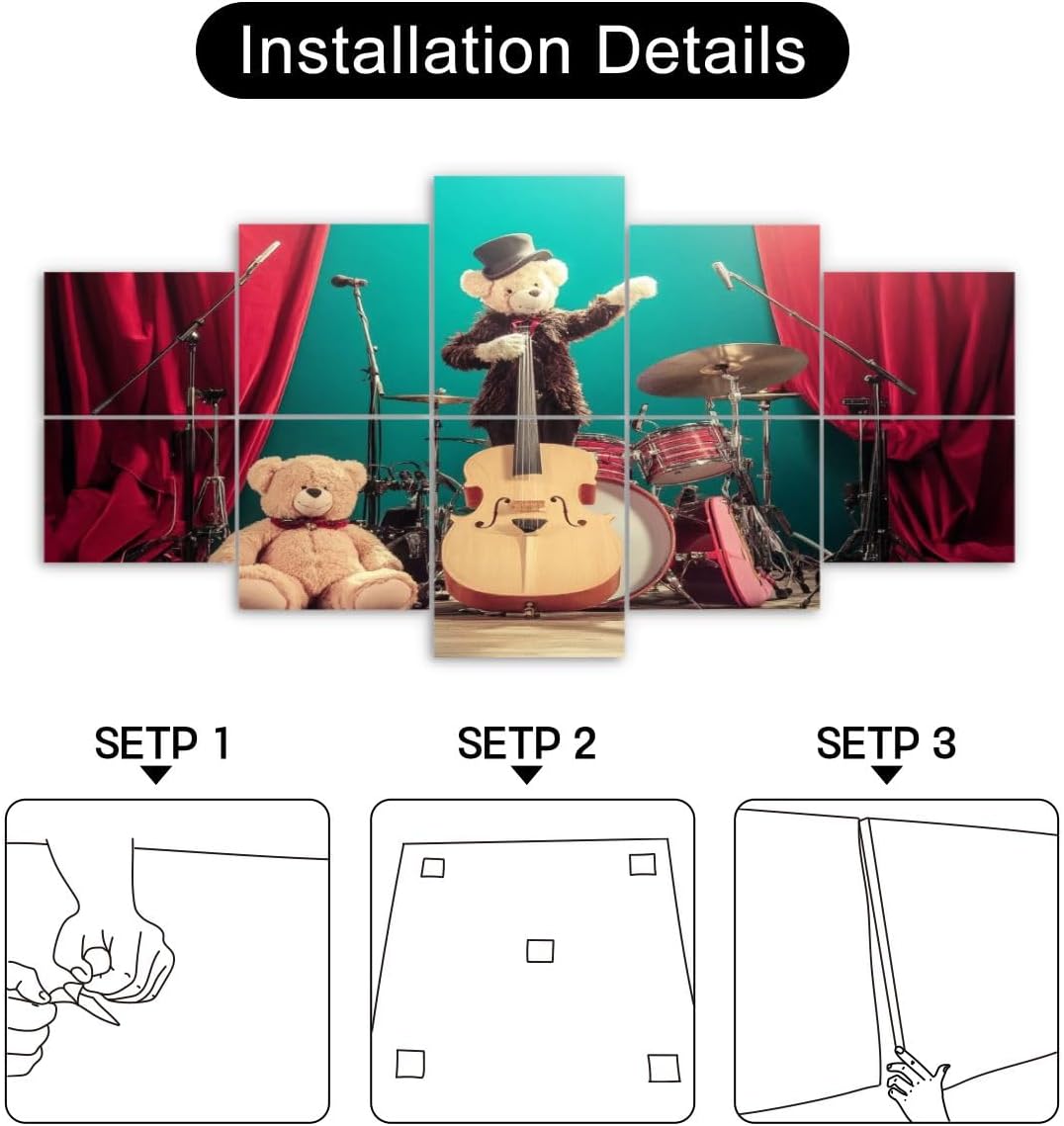 Art Acoustic Panels retro teddy bear toys play bass guitar old luggage vocalist Acoustical Soundproof Wall Panel with Self-Adhesive Decorative Sound Absorbing Panel Acoustic Treatment