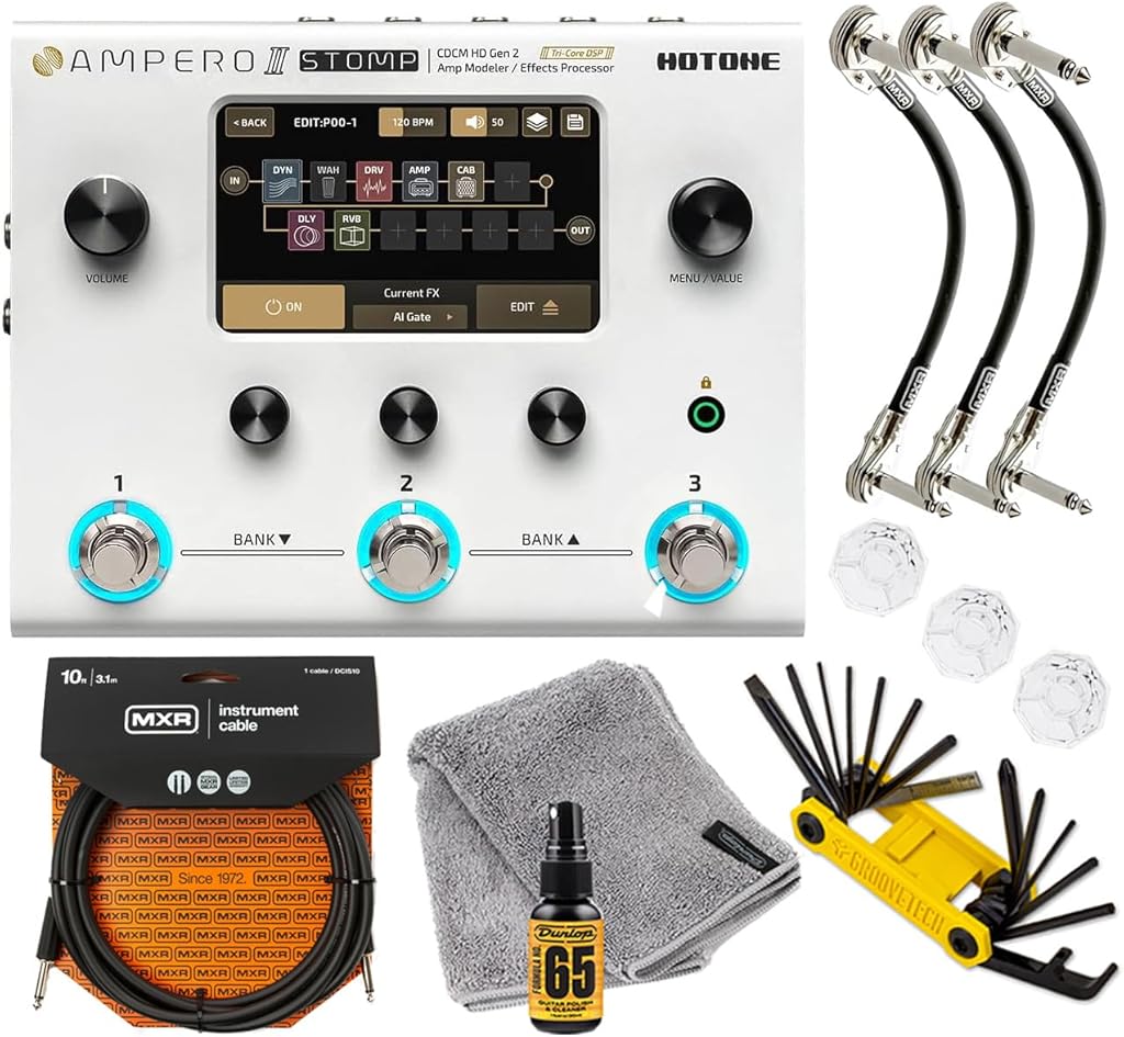 HOTONE Ampero II Stomp Multi Effects Processor Pedal Touch Screen Guitar Bass Amp Modeling IR Cabinets Simulation 450+ Dual FX Chain Processor Stereo Looper USB I/O Tonebird MXR Cable Bundle MP-300