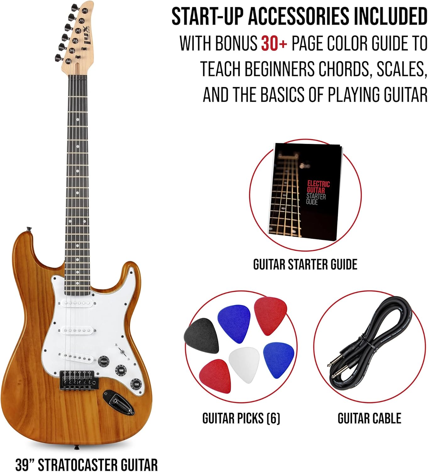 LyxPro CS 39” Electric Guitar Kit for Beginner, Intermediate & Pro Players with Guitar, Amp Cable, 6 Picks & Learner’s Guide | Solid Wood Body, Volume/Tone Controls, 5-Way Pickup - Mahogany