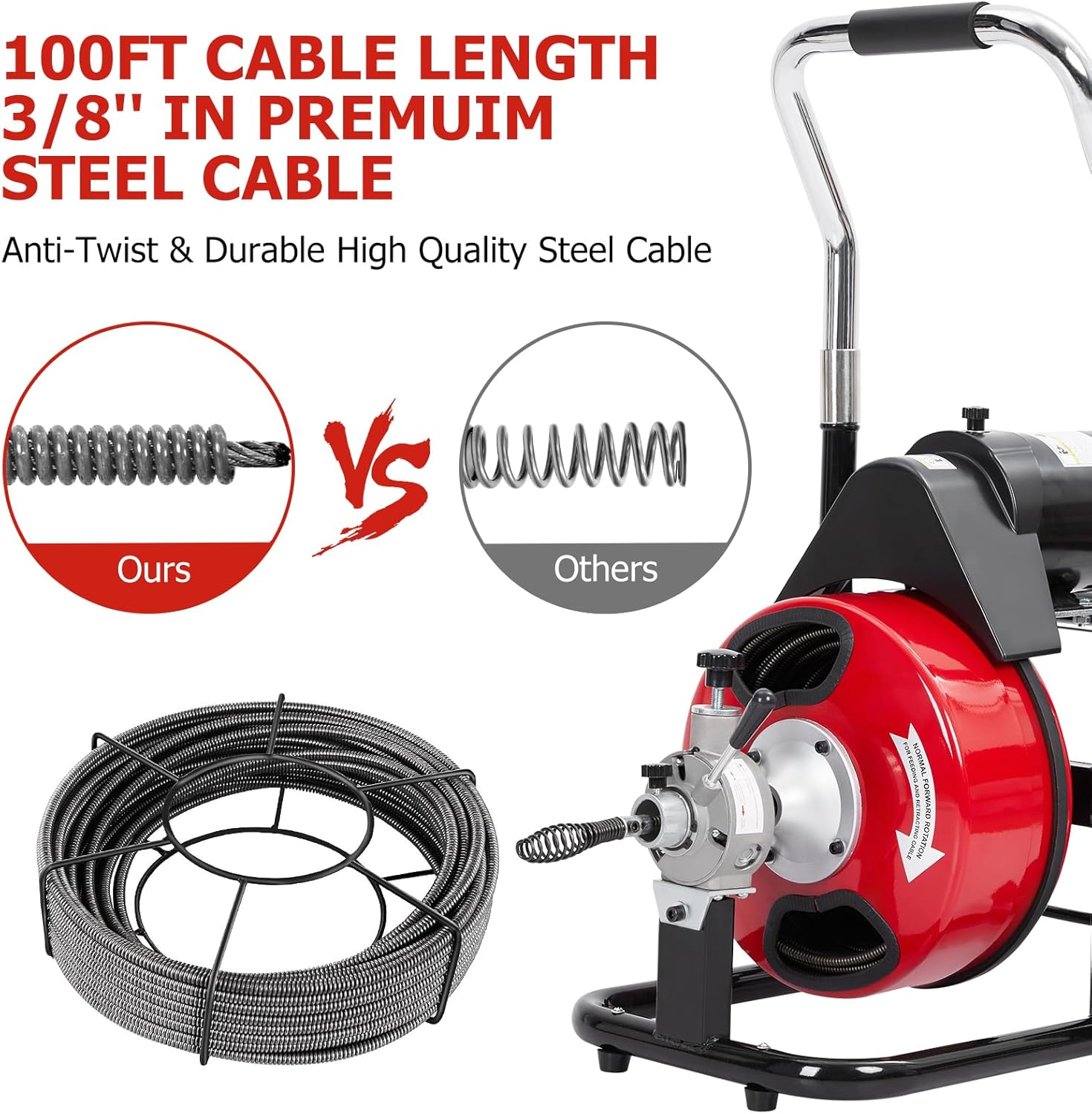 100FT 3/8Inch Electric Drain Cleaner Machine, Stainless Steel Drum Plumbing Snake with 4 Cutters, Powerful Motor for Clogged Pipes