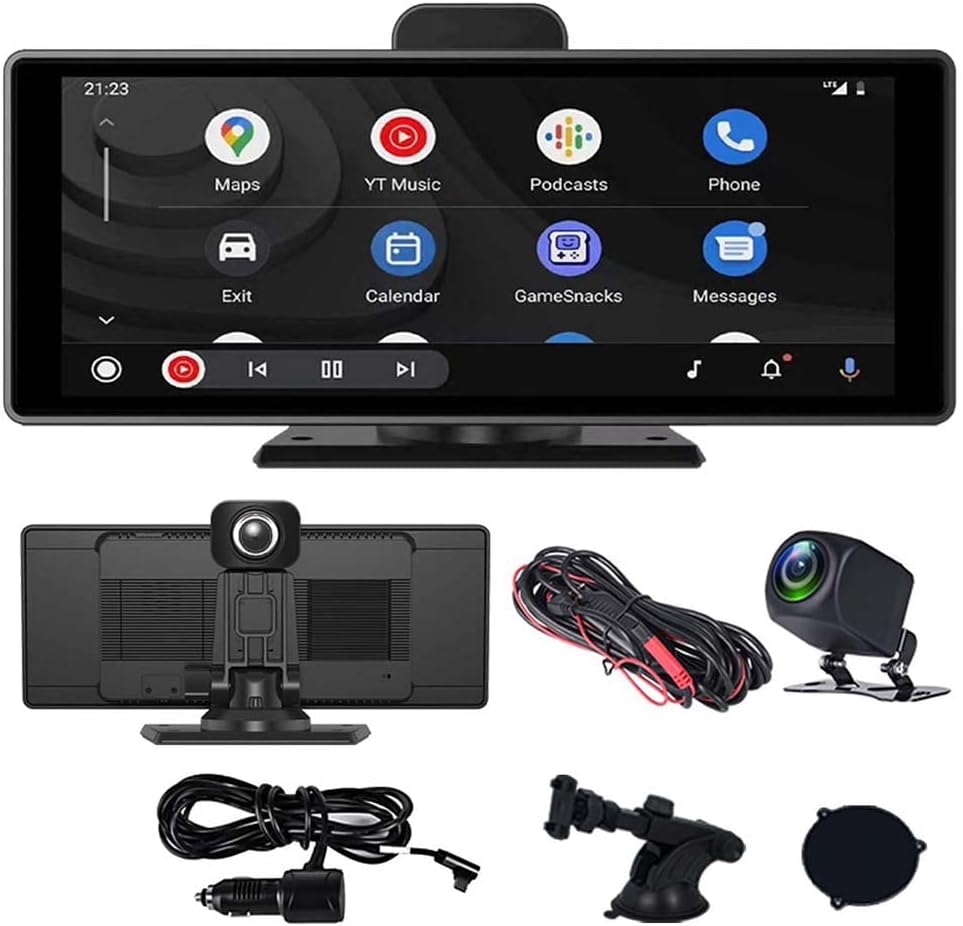 Portable Car Stereo Wireless Apple CarPlay Android,10 Inch Touchscreen Car Radio Receiver with 2K Front DVR/1080p Rear HD Camera,Bluetooth Handsfree Multimedia Player GPS/WiFi/AM/FM/Mirror Link