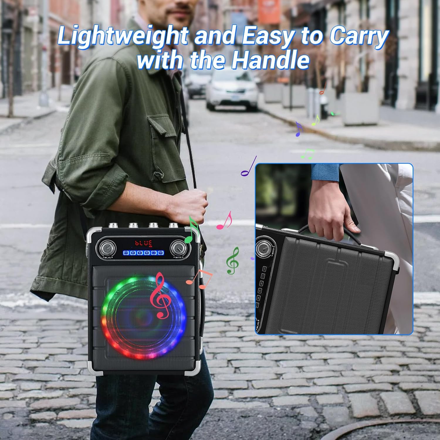 60W Karaoke Machine for Adults Kids, Portable Bluetooth Speaker with Bass/Treble Adjustment, Shoulder Strap, Remote Control, 2 Microphones, LED Lights, PA System Support TF/USB/AUX, TWS, Guitar