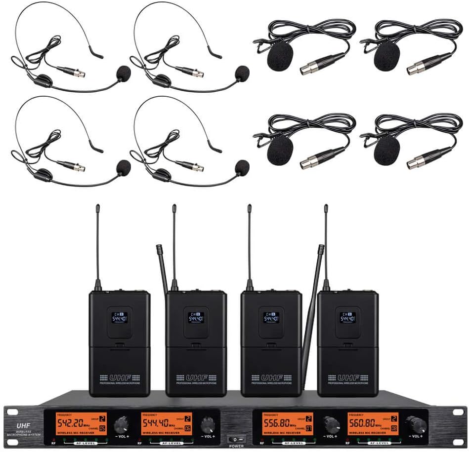 Frequency B Wireless Microphone System 4 Channel 4 Lavalier 4 Bodypacks 4 Lapel Mic 4 Headsets UHF for Karaoke System Church Speaking Conference Meeting Classroom Wedding Party Meeting School