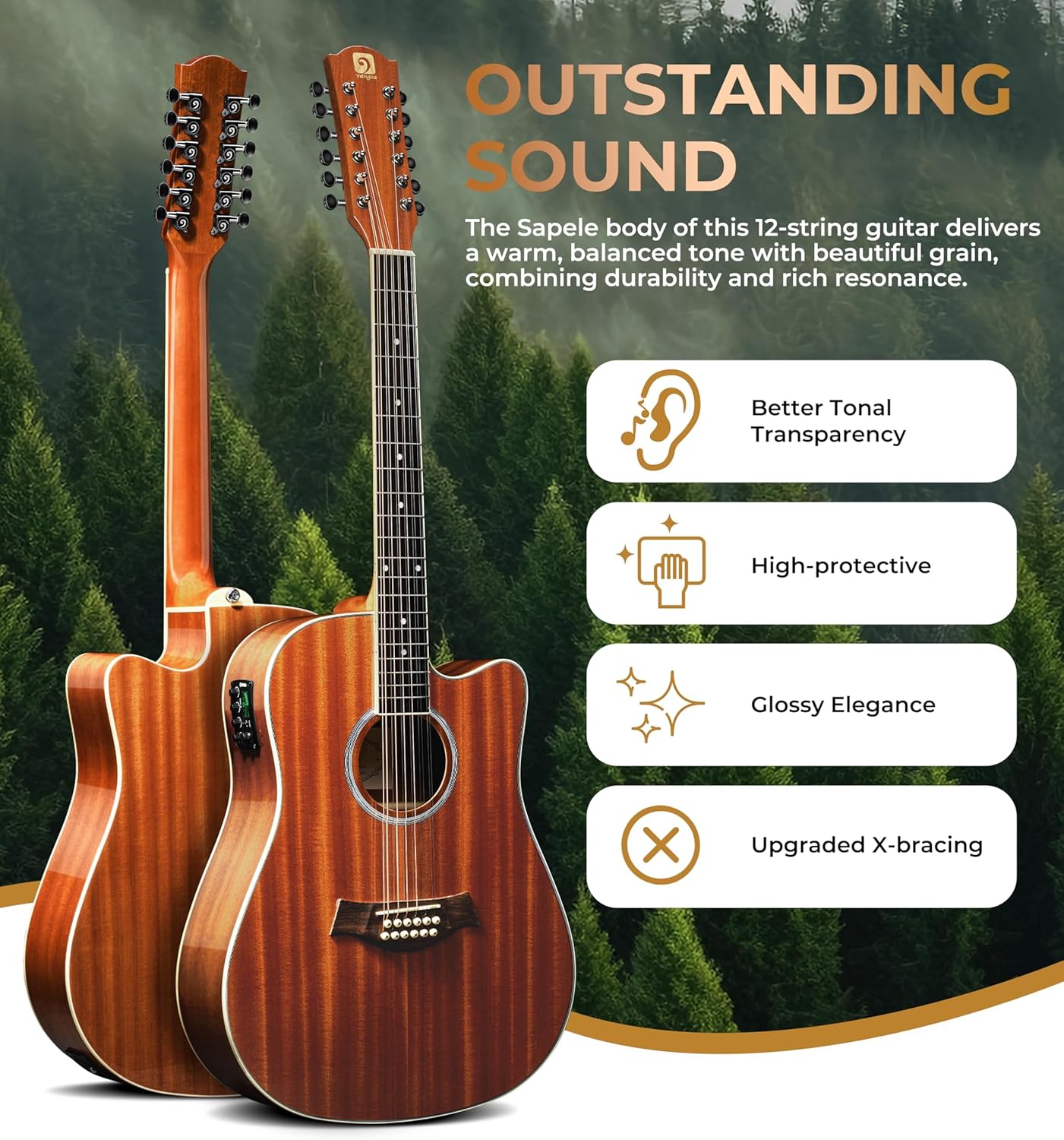 Vangoa 12 String Guitar Acoustic Electric, Upgraded Guitar 12 Strings Bundle for Beginner Intermediate Adults Teens, Guitarra de 12 Cuerdas, Sapele Body Bone Nut, Brown Glossy